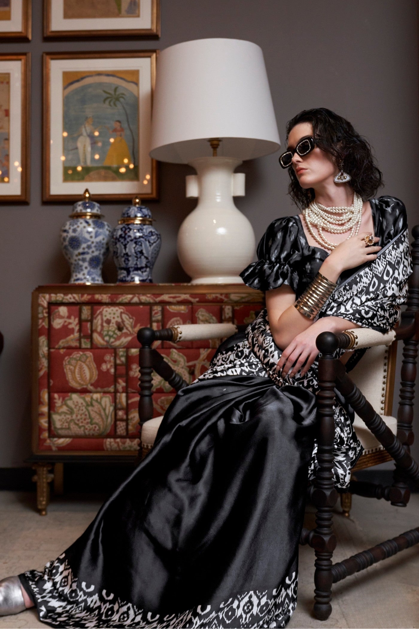 Soft Black Ajrakh Patola Printed Satin Crepe Saree