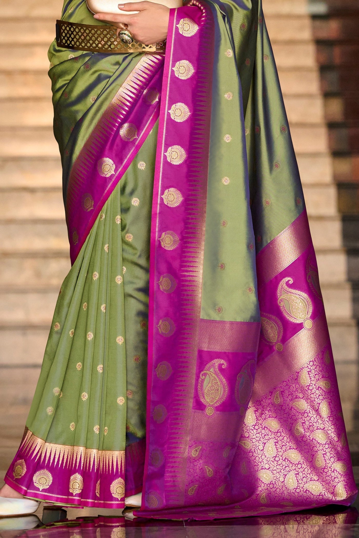 Cherry Grassy Olive Pure Soft Banarasi Silk Weaving Saree