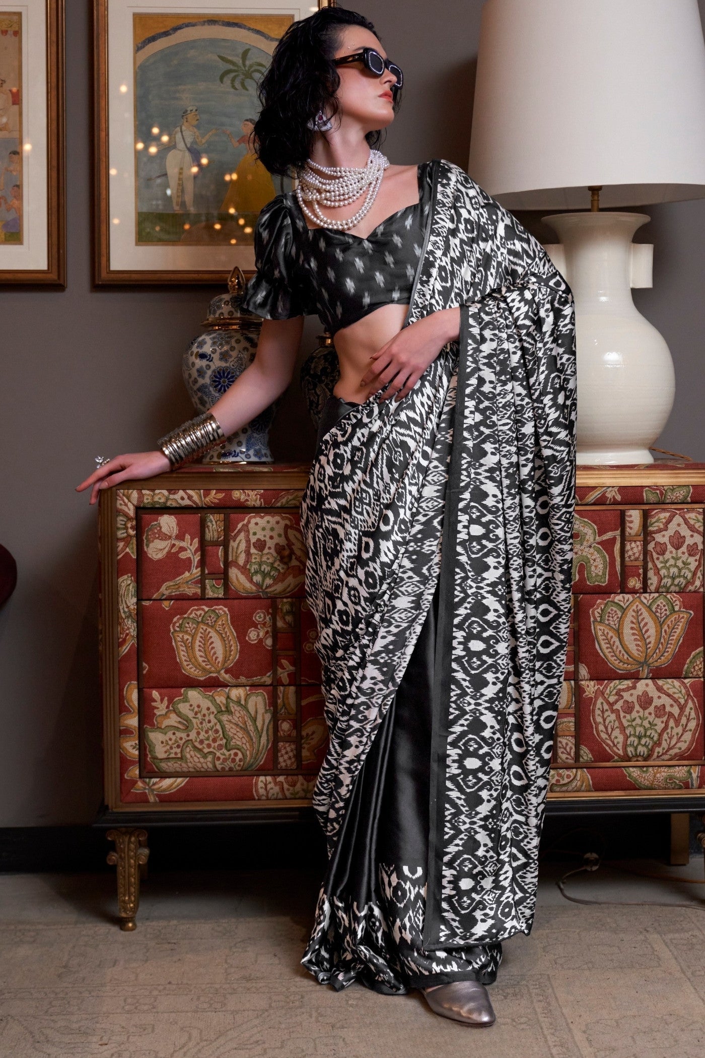Soft Black Ajrakh Patola Printed Satin Crepe Saree
