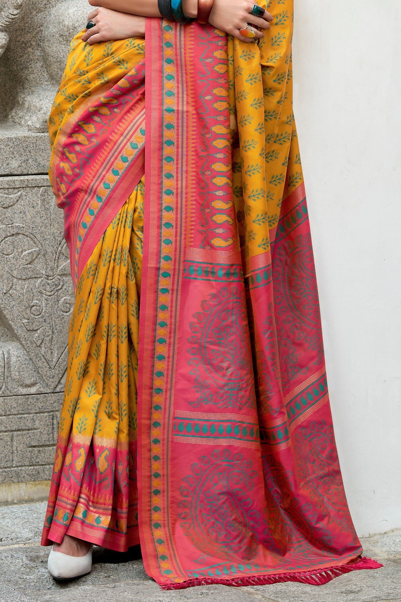 Taj Mahal Yellow Soft Banarasi Ikkat Silk Woven Saree