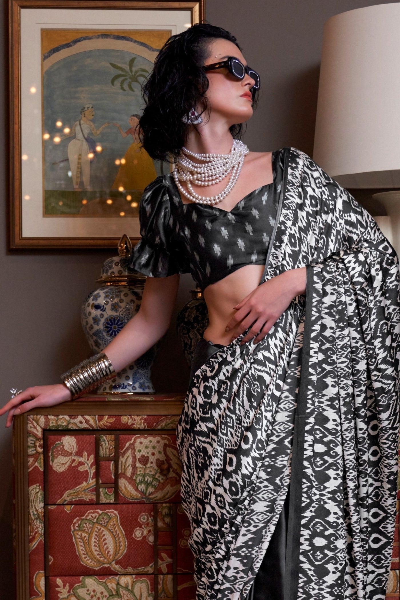 Soft Black Ajrakh Patola Printed Satin Crepe Saree