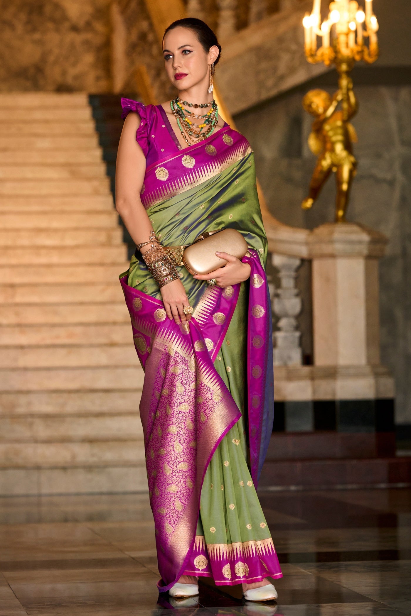 Cherry Grassy Olive Pure Soft Banarasi Silk Weaving Saree