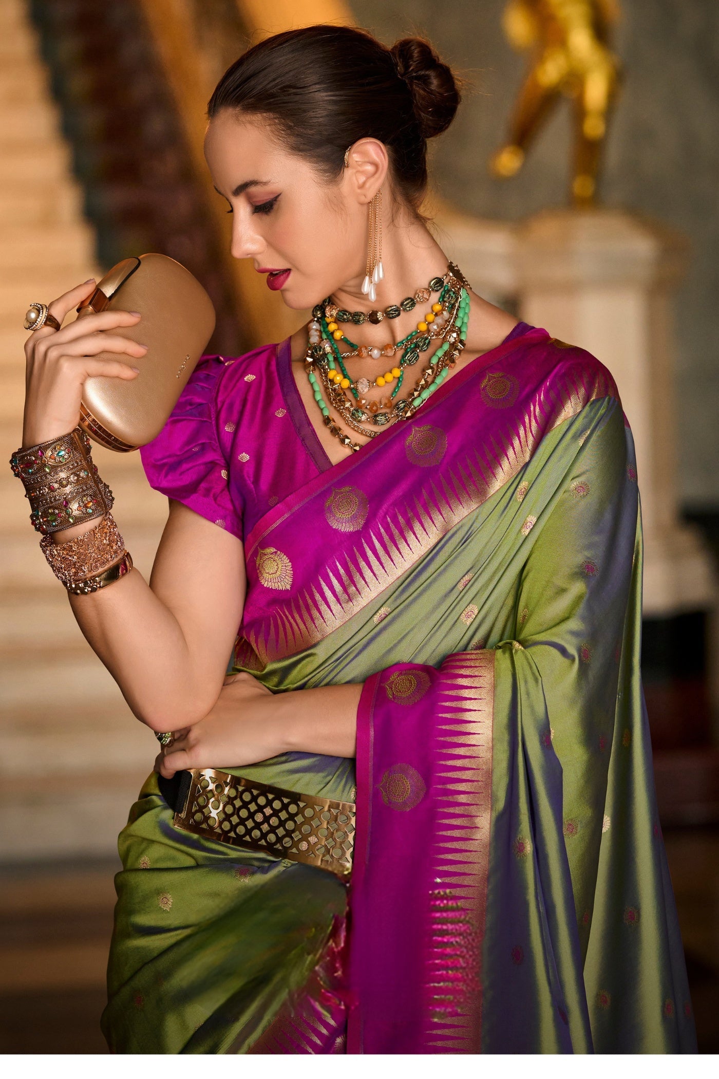 Cherry Grassy Olive Pure Soft Banarasi Silk Weaving Saree