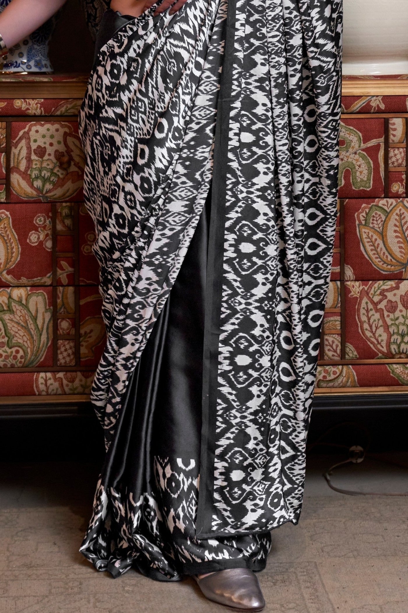 Soft Black Ajrakh Patola Printed Satin Crepe Saree