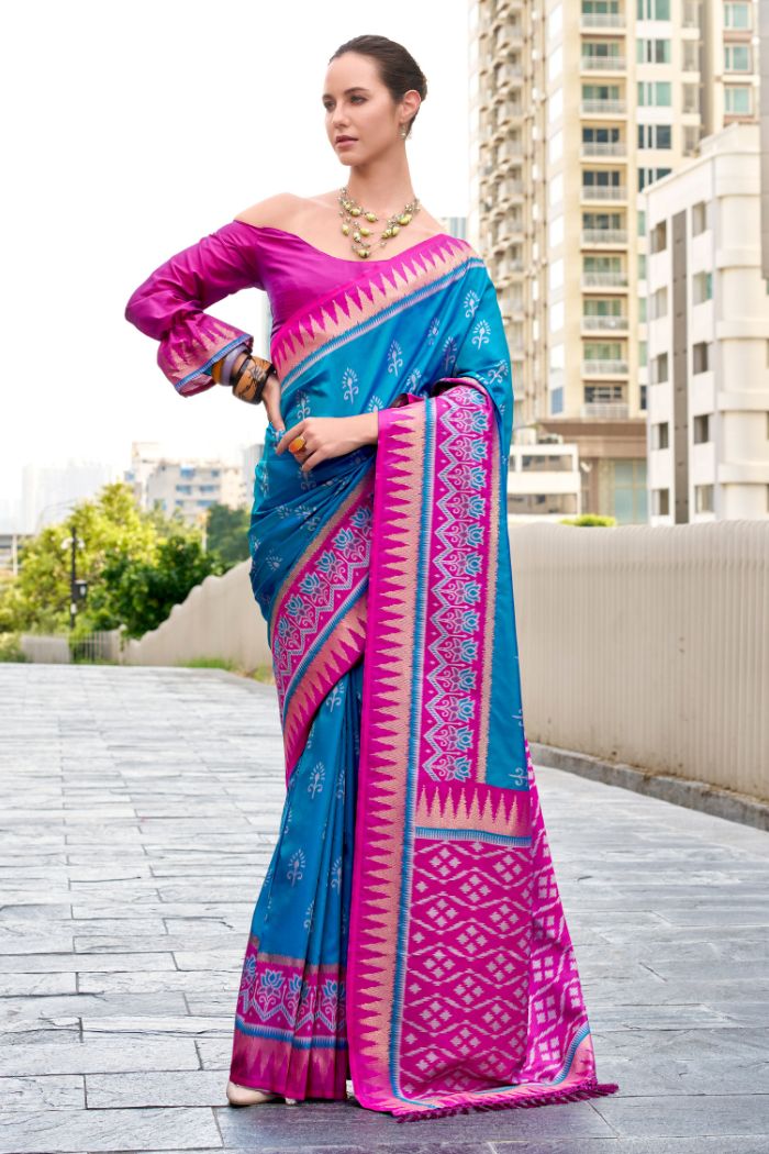 Qutub Minar Sky Blue Pure Soft Banarasi Silk Ikkat Weaving Saree