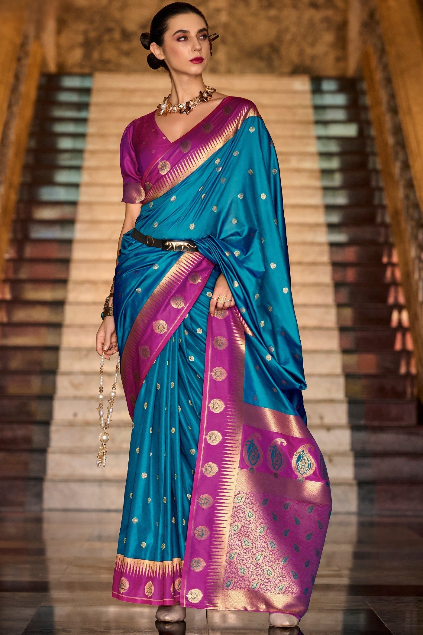 Cherry Sky Blue Pure Soft Banarasi Silk Weaving Saree