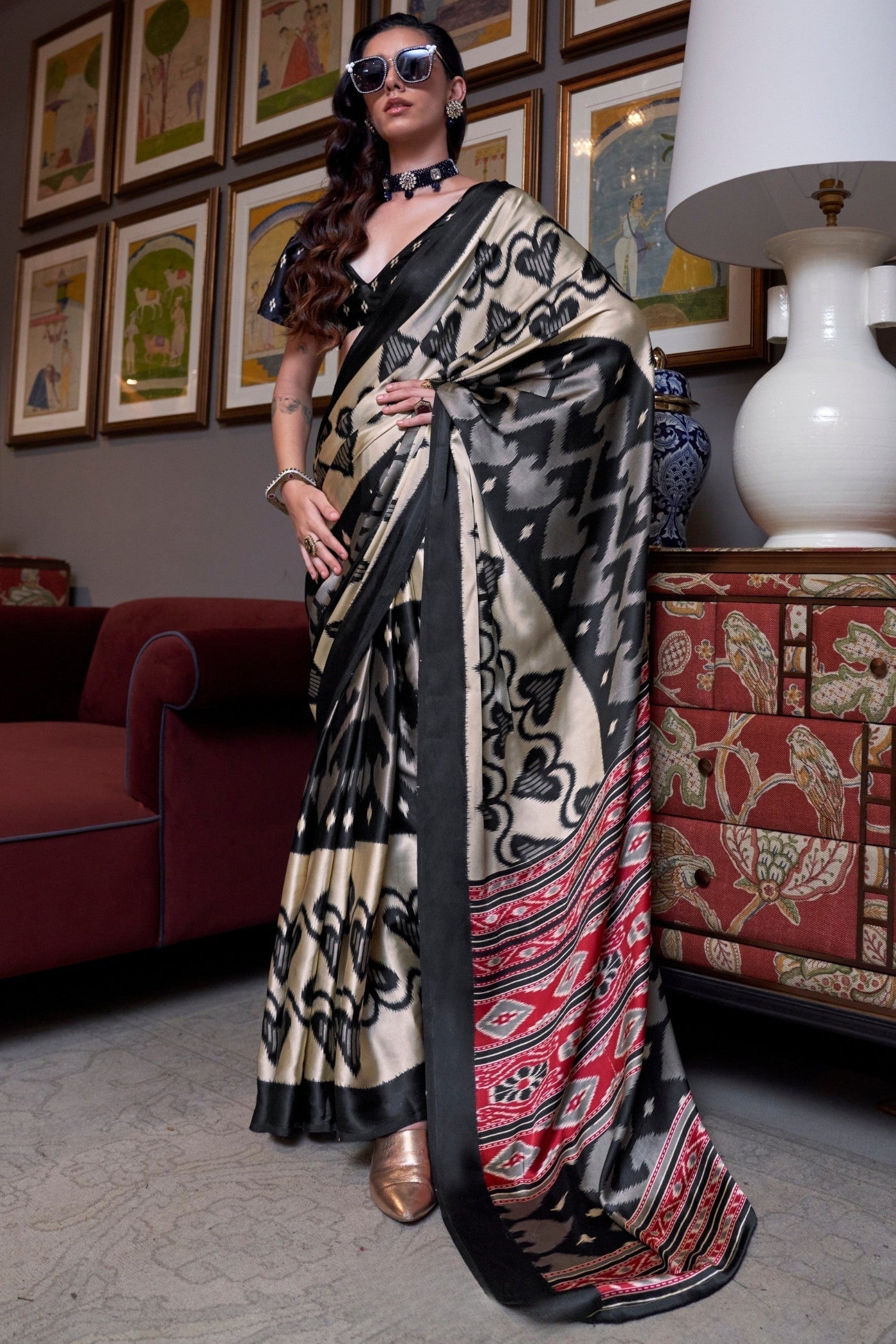 Lavishness Black Ajrakh Patola Printed Satin Crepe Saree