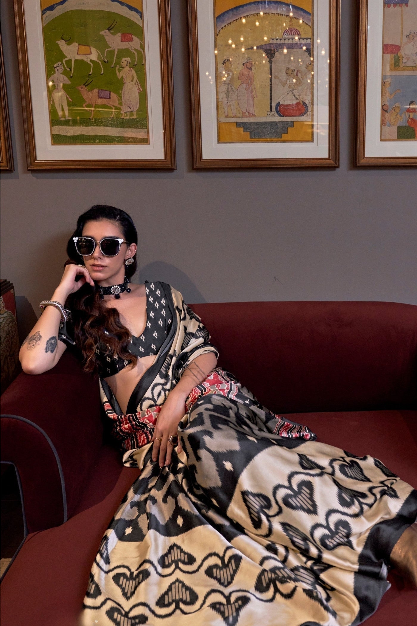 Lavishness Black Ajrakh Patola Printed Satin Crepe Saree