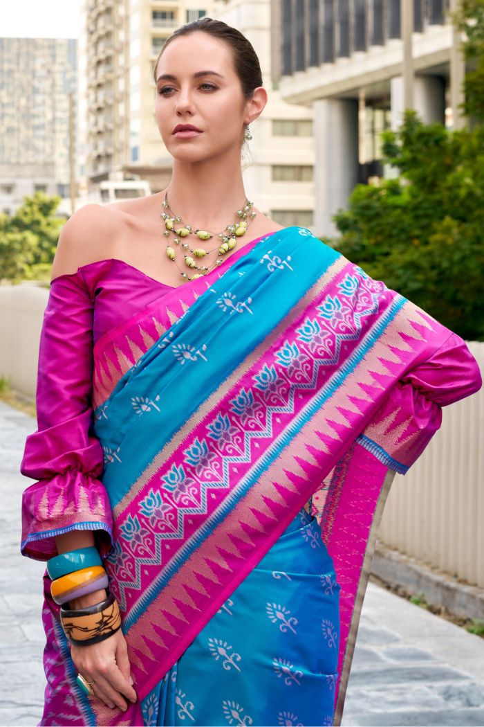 Qutub Minar Sky Blue Pure Soft Banarasi Silk Ikkat Weaving Saree