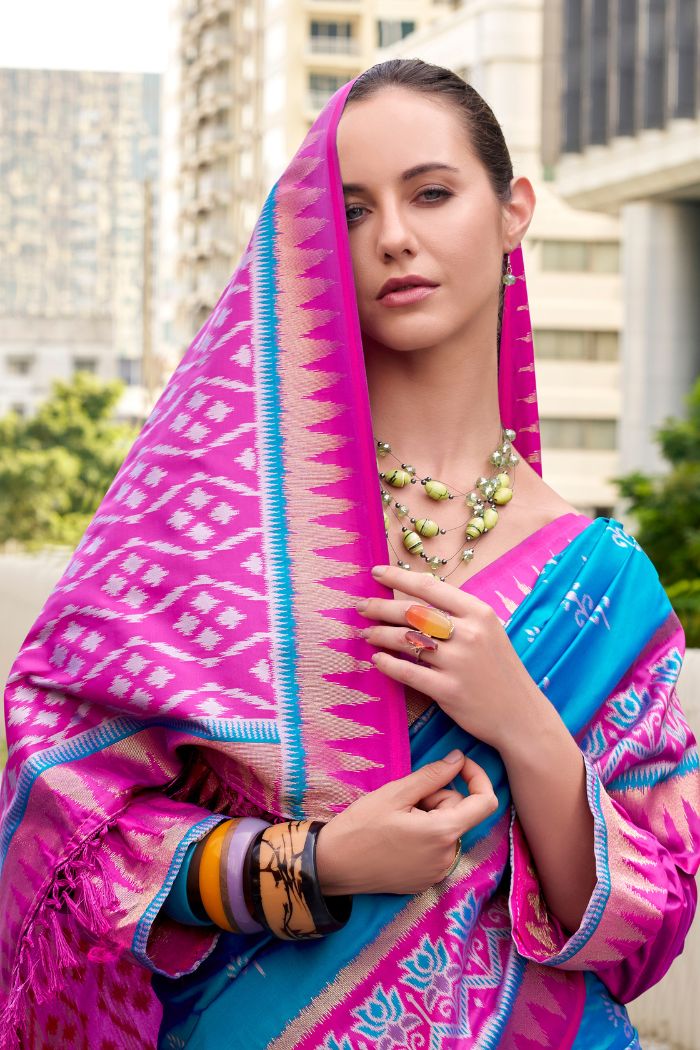 Qutub Minar Sky Blue Pure Soft Banarasi Silk Ikkat Weaving Saree