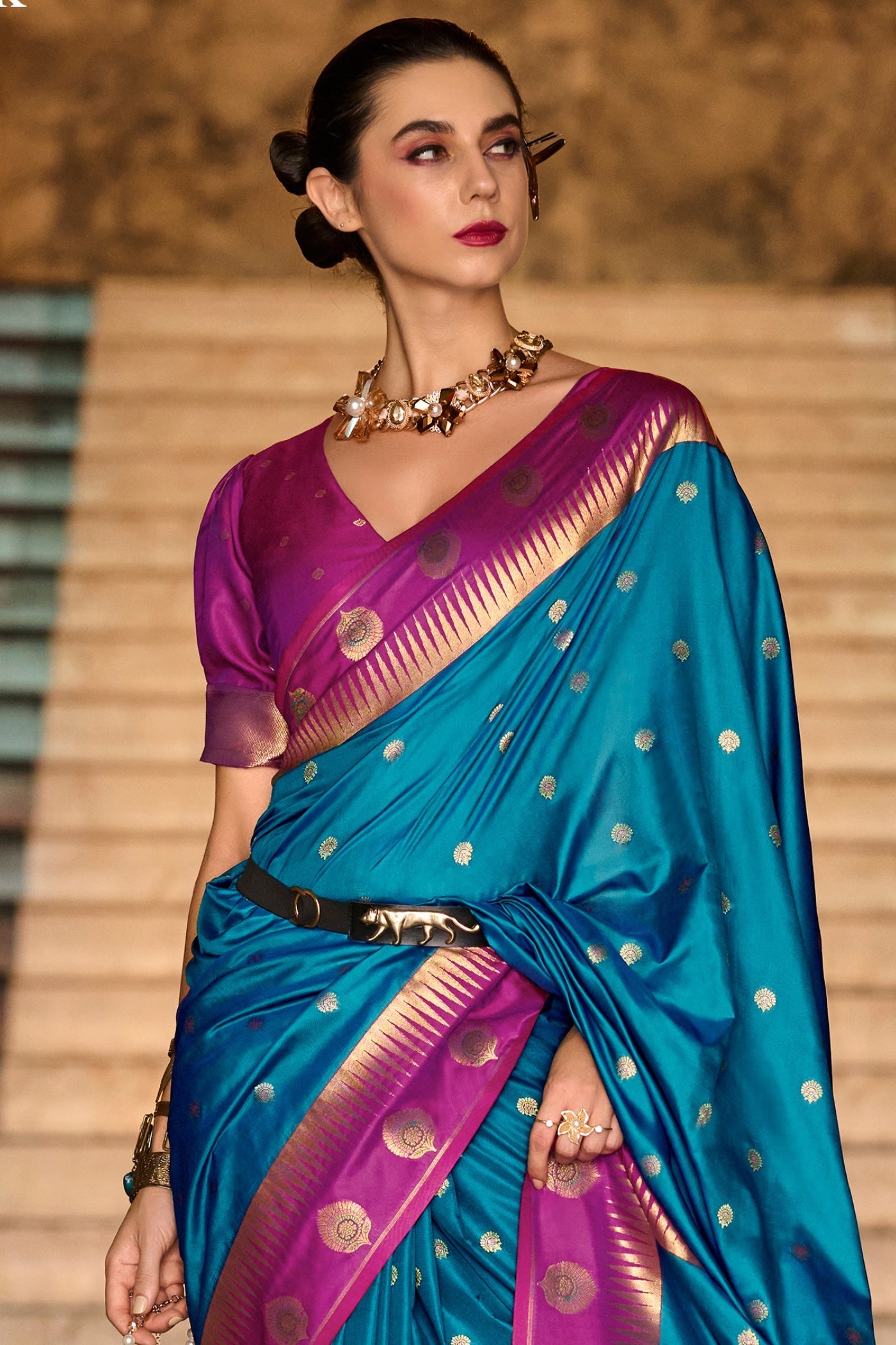 Cherry Sky Blue Pure Soft Banarasi Silk Weaving Saree