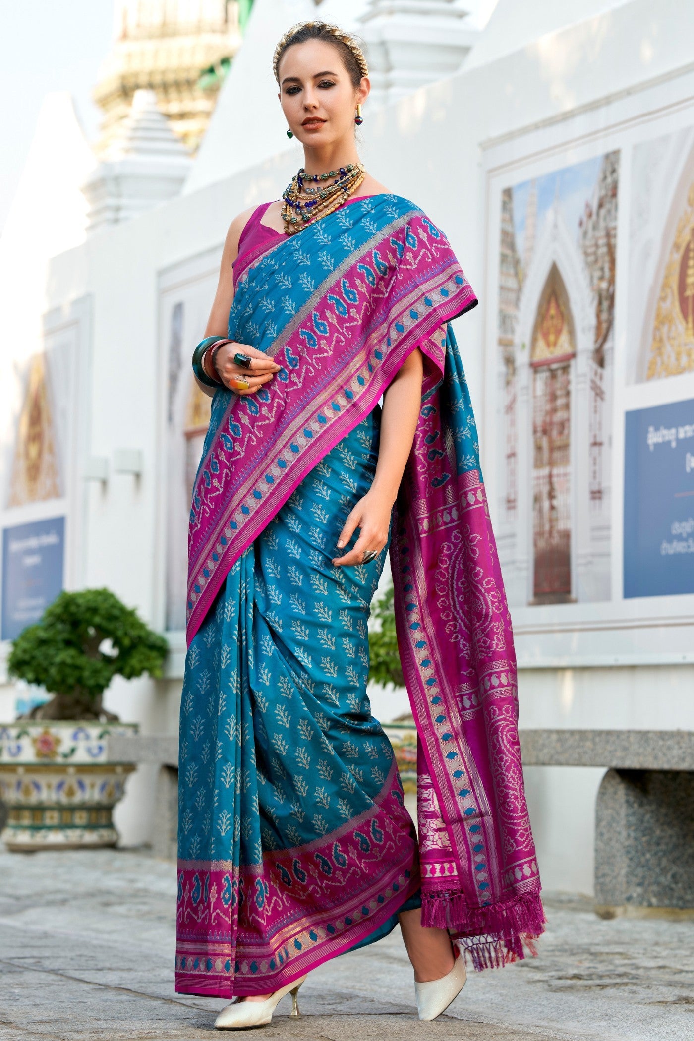 Taj Mahal Blue Soft Banarasi Ikkat Silk Woven Saree