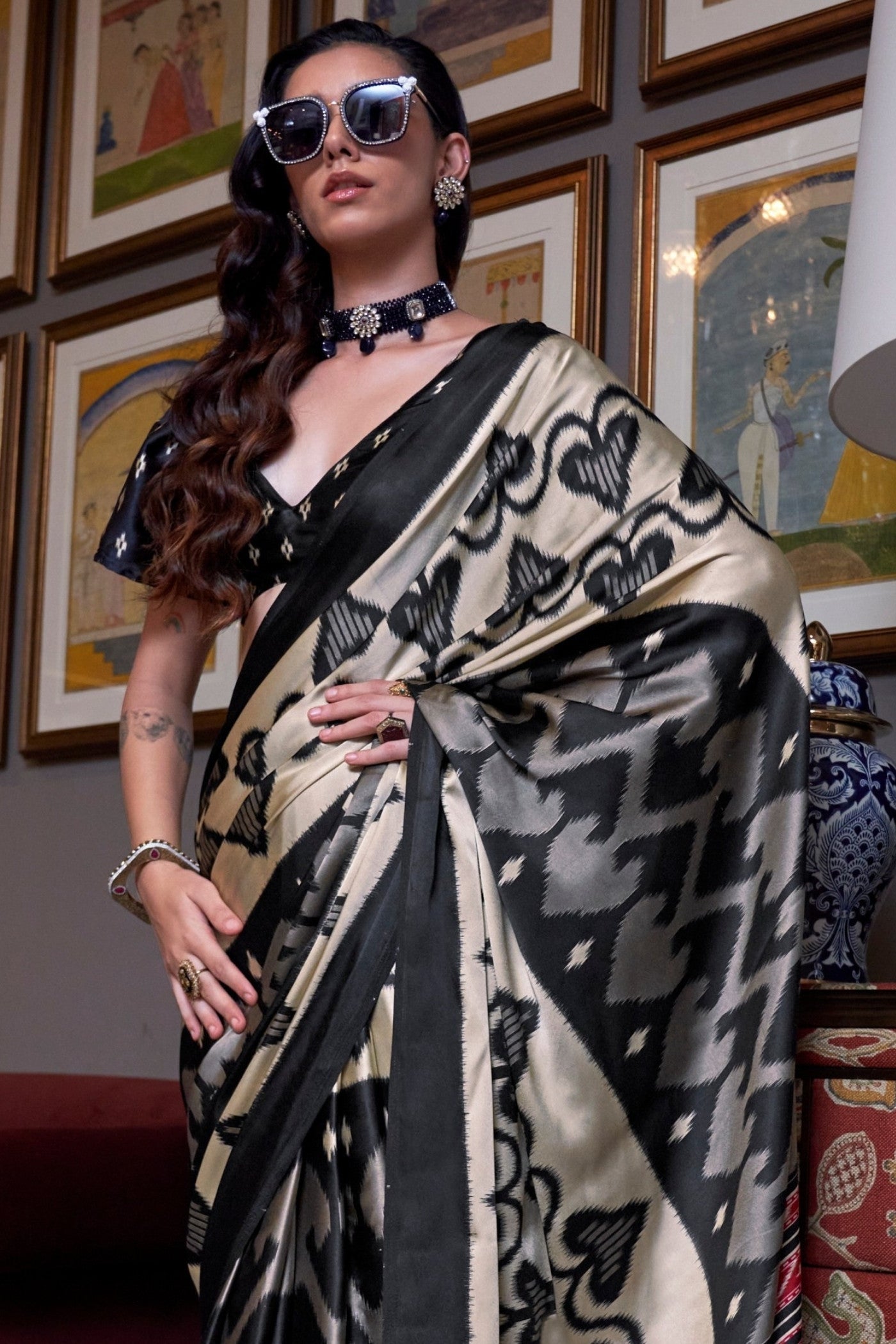 Lavishness Black Ajrakh Patola Printed Satin Crepe Saree