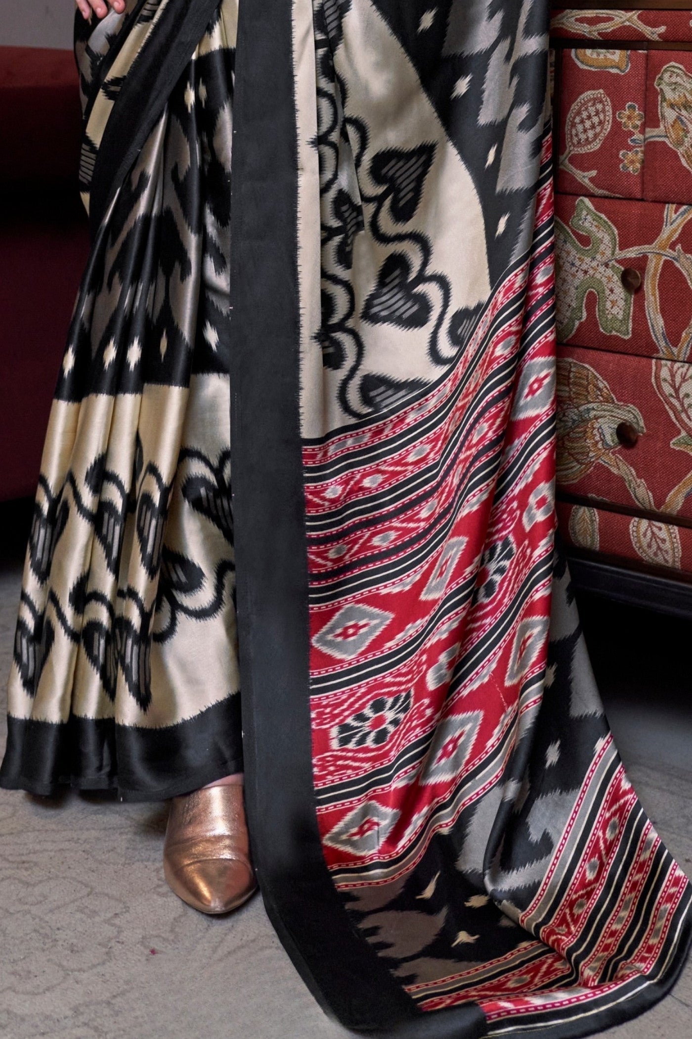 Lavishness Black Ajrakh Patola Printed Satin Crepe Saree