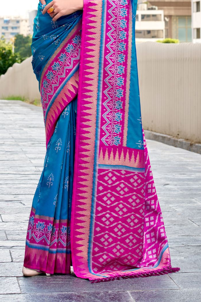 Qutub Minar Sky Blue Pure Soft Banarasi Silk Ikkat Weaving Saree