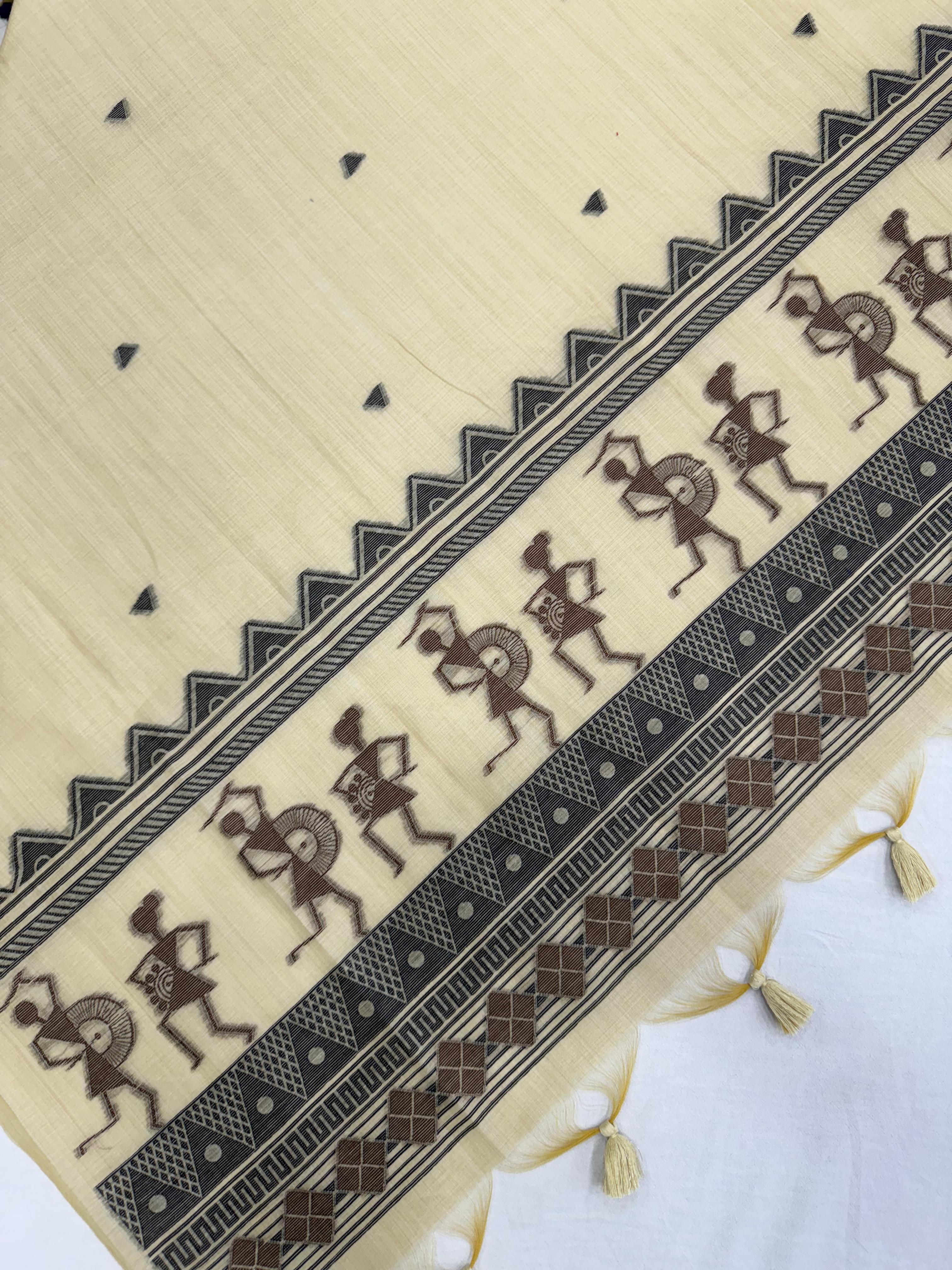 Cream Pure Muga Silk Warli With All Over Butti Weaving Unstitched 3pis Dress Material