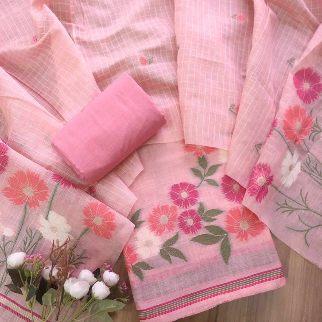 Pink Soft Muga Cotton Jamdani Flower Weaving Unstitched Dress Material