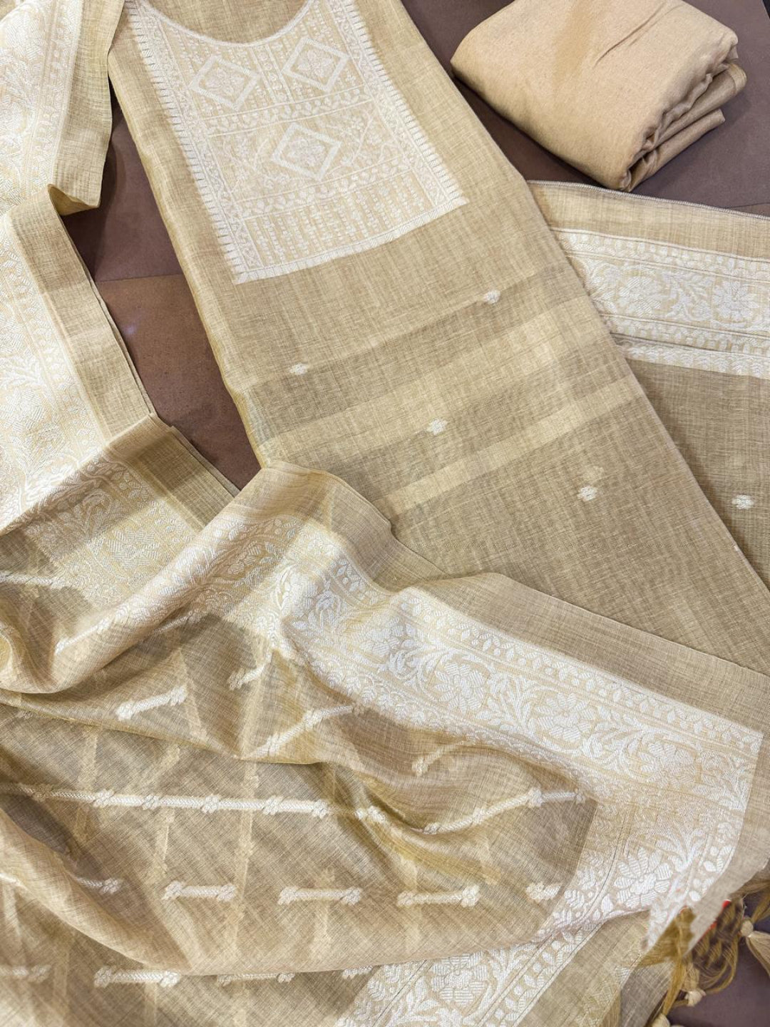 Stone Pure Soft Muga Cotton Weaving Work Unstitched Dress Material