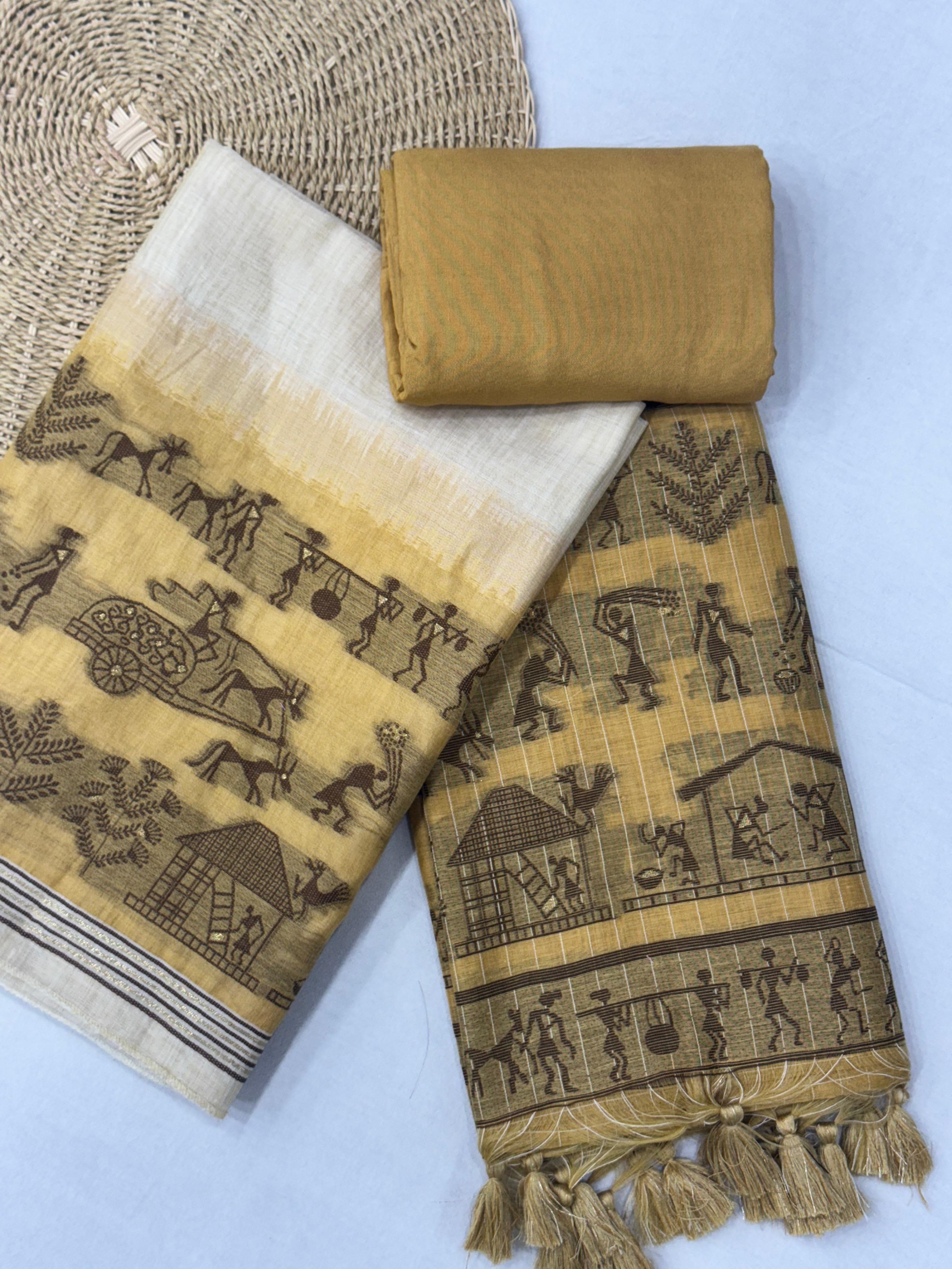 Peach Yellow Pure Muga Silk Warli With All Over Butti Weaving Unstitched 3pis Dress Material