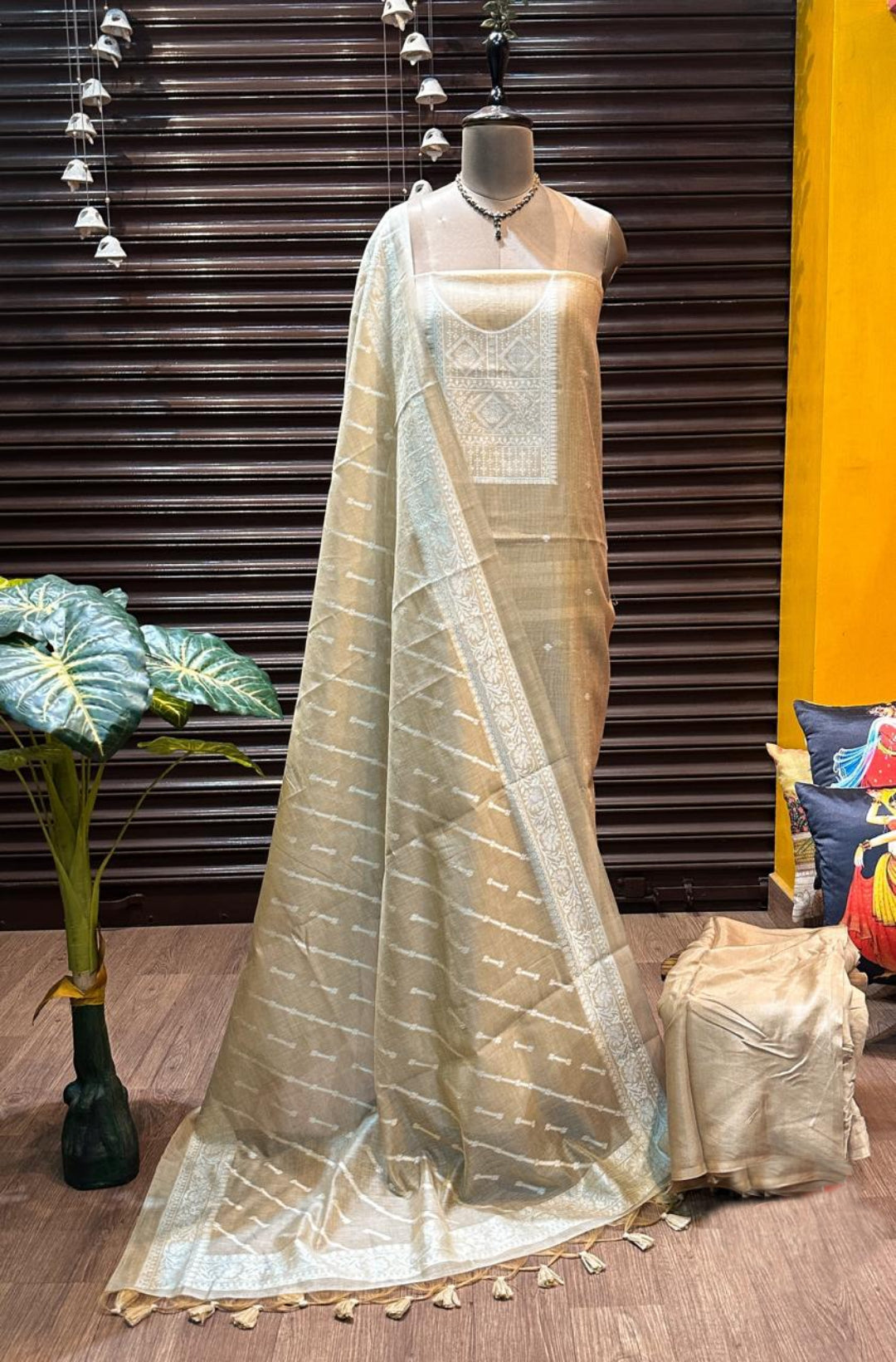 Stone Pure Soft Muga Cotton Weaving Work Unstitched Dress Material