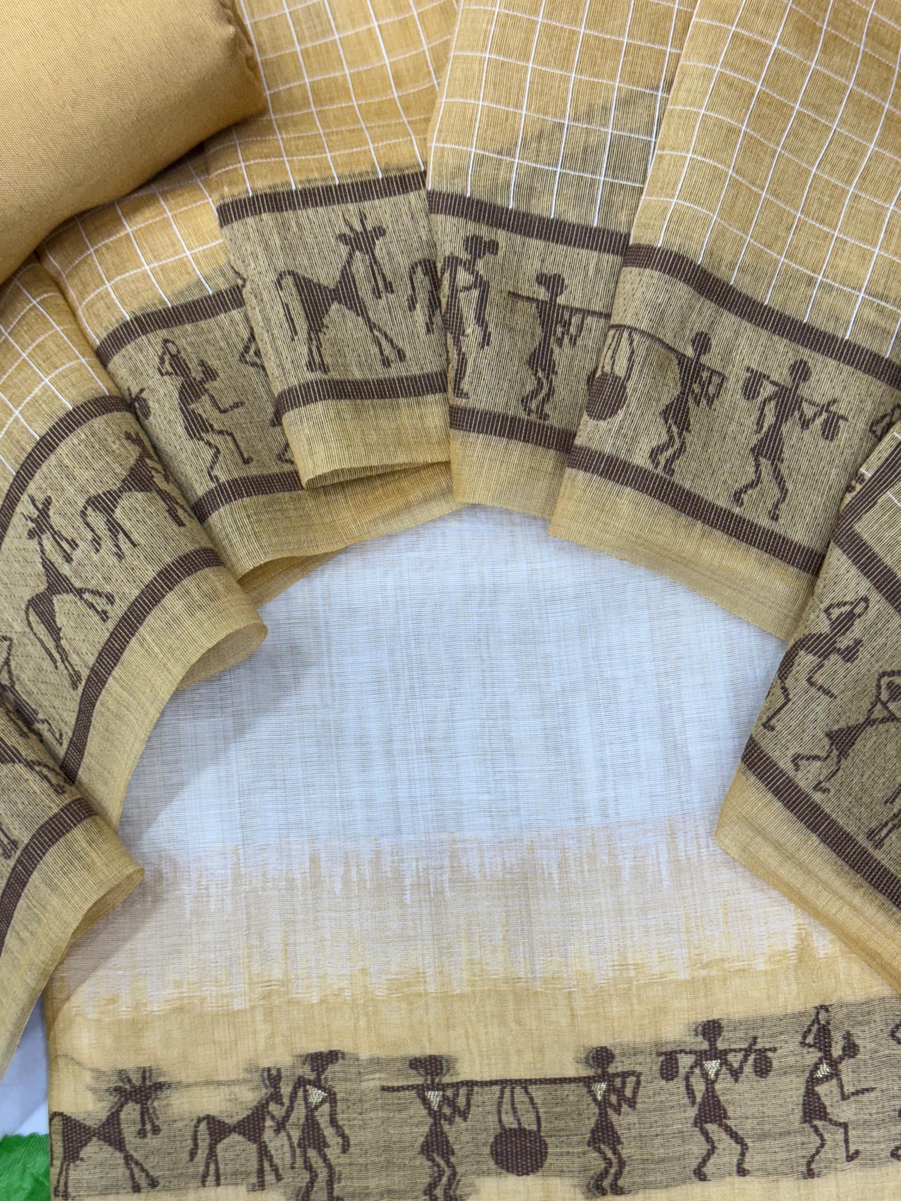 Peach Yellow Pure Muga Silk Warli With All Over Butti Weaving Unstitched 3pis Dress Material