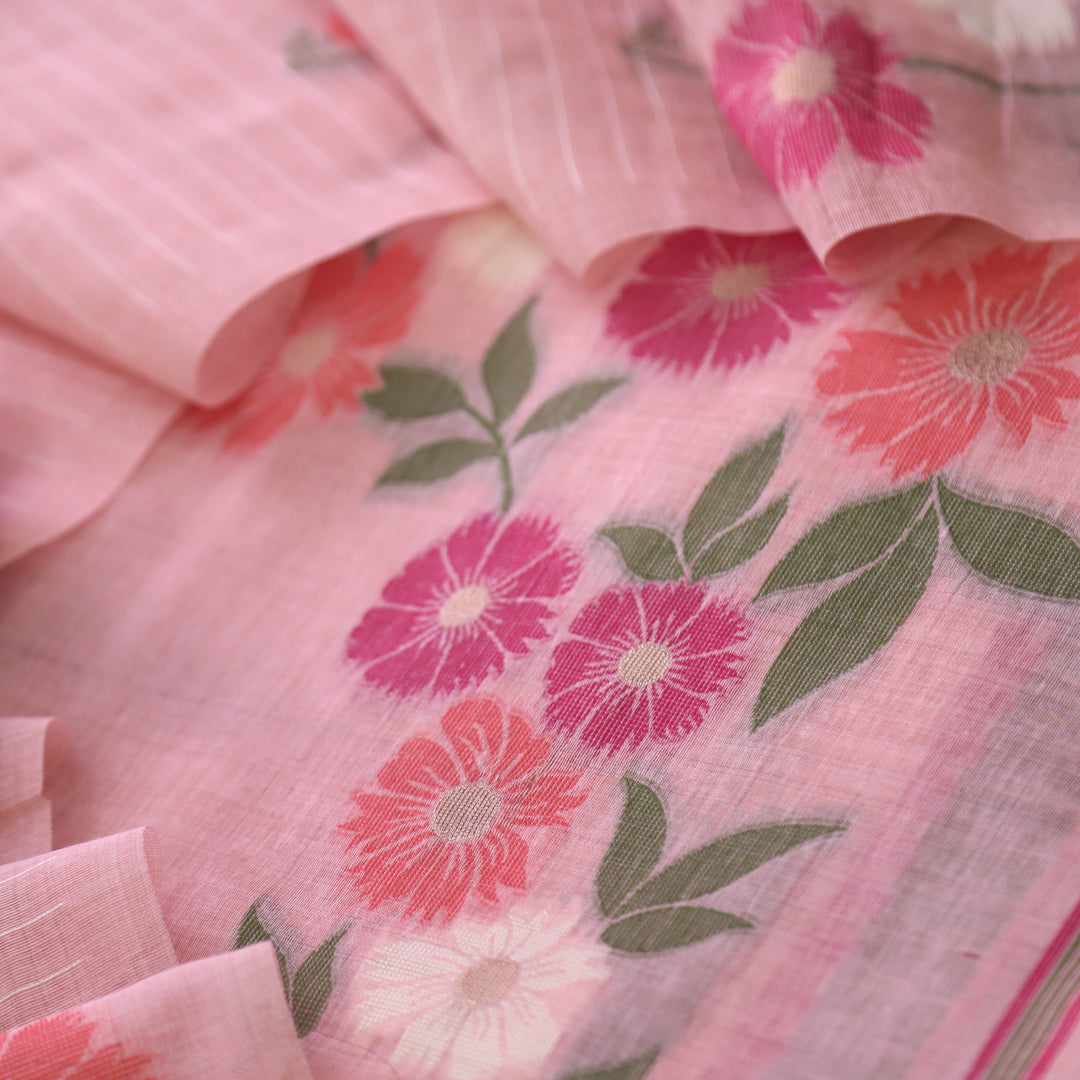 Pink Soft Muga Cotton Jamdani Flower Weaving Unstitched Dress Material
