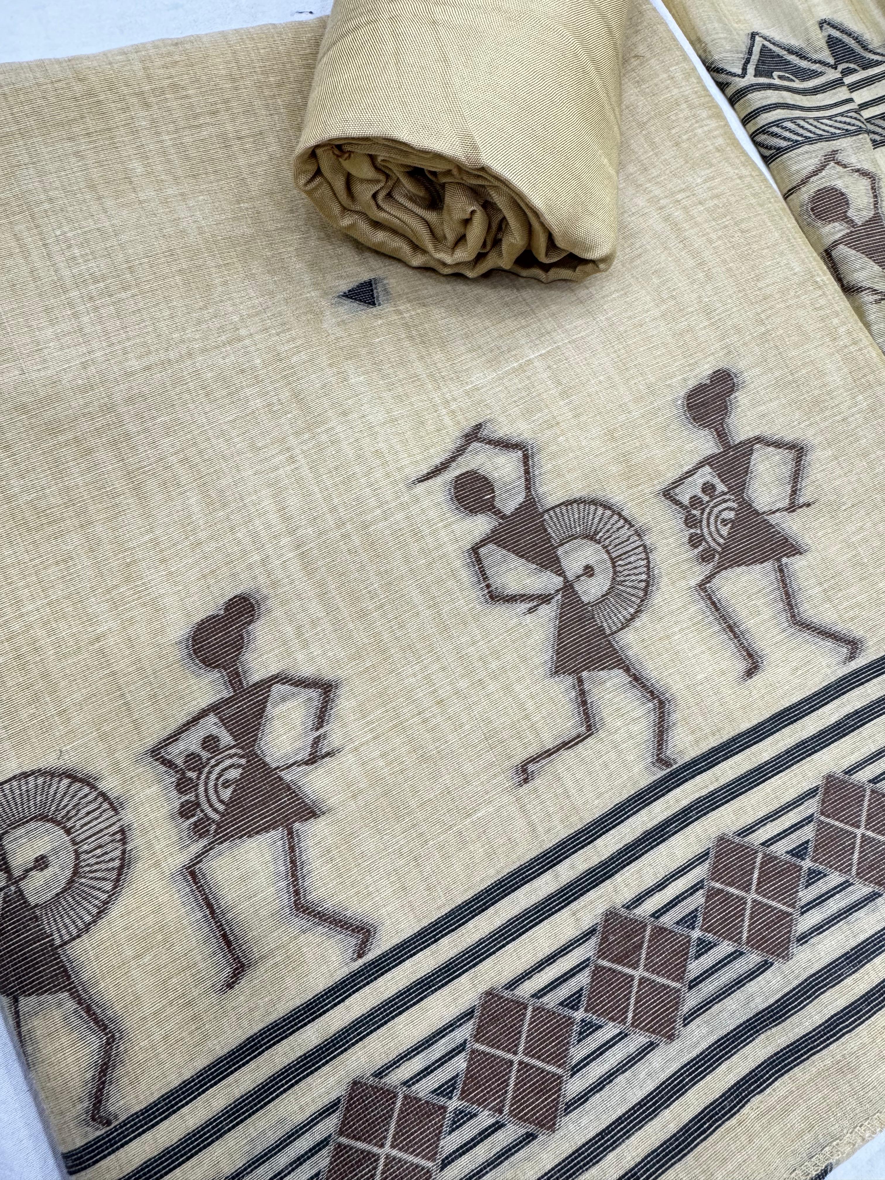 Cream Pure Muga Silk Warli With All Over Butti Weaving Unstitched 3pis Dress Material