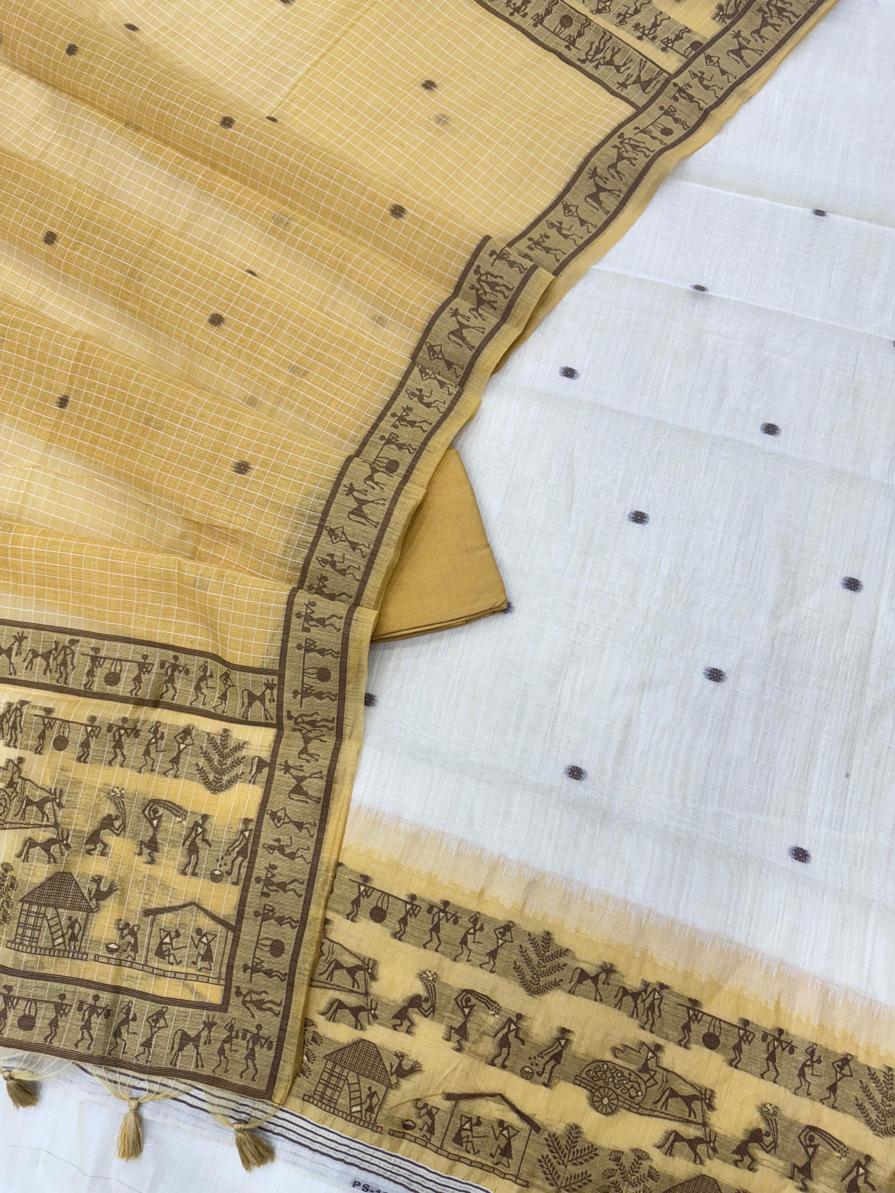 Peach Yellow Pure Muga Silk Warli With All Over Butti Weaving Unstitched 3pis Dress Material
