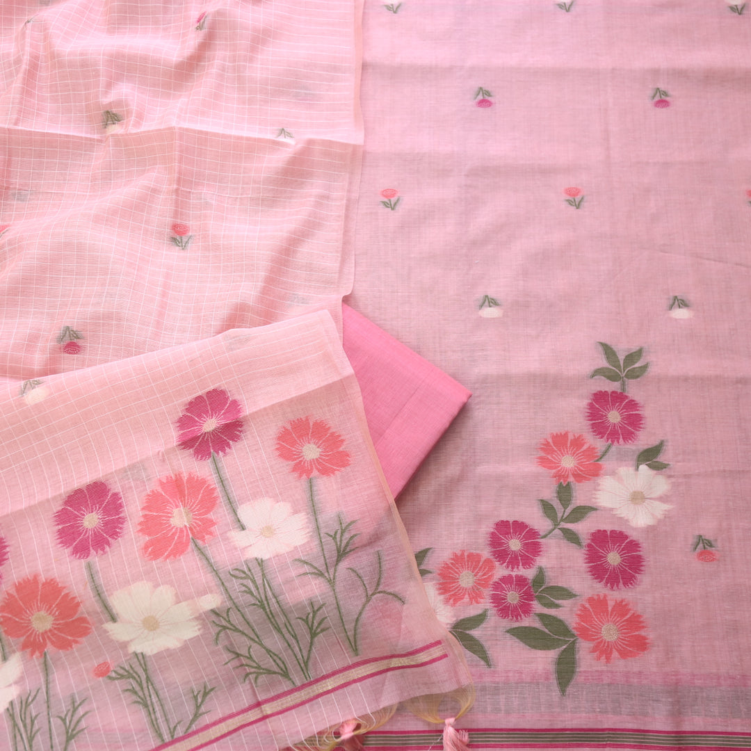 Pink Soft Muga Cotton Jamdani Flower Weaving Unstitched Dress Material