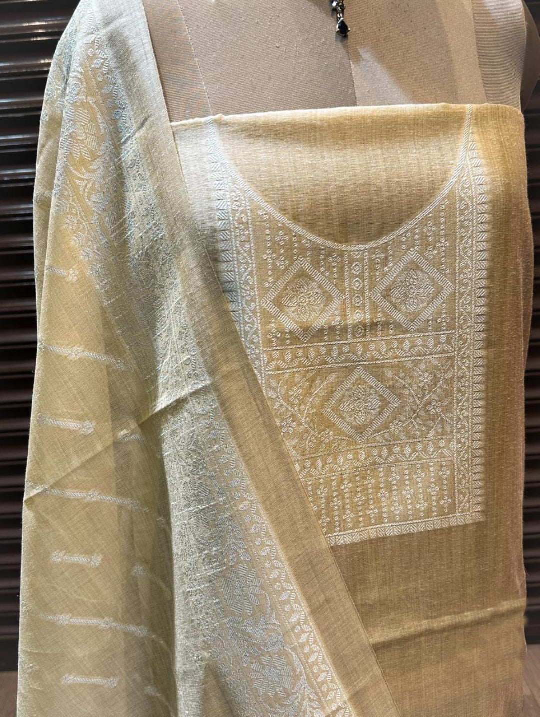 Stone Pure Soft Muga Cotton Weaving Work Unstitched Dress Material