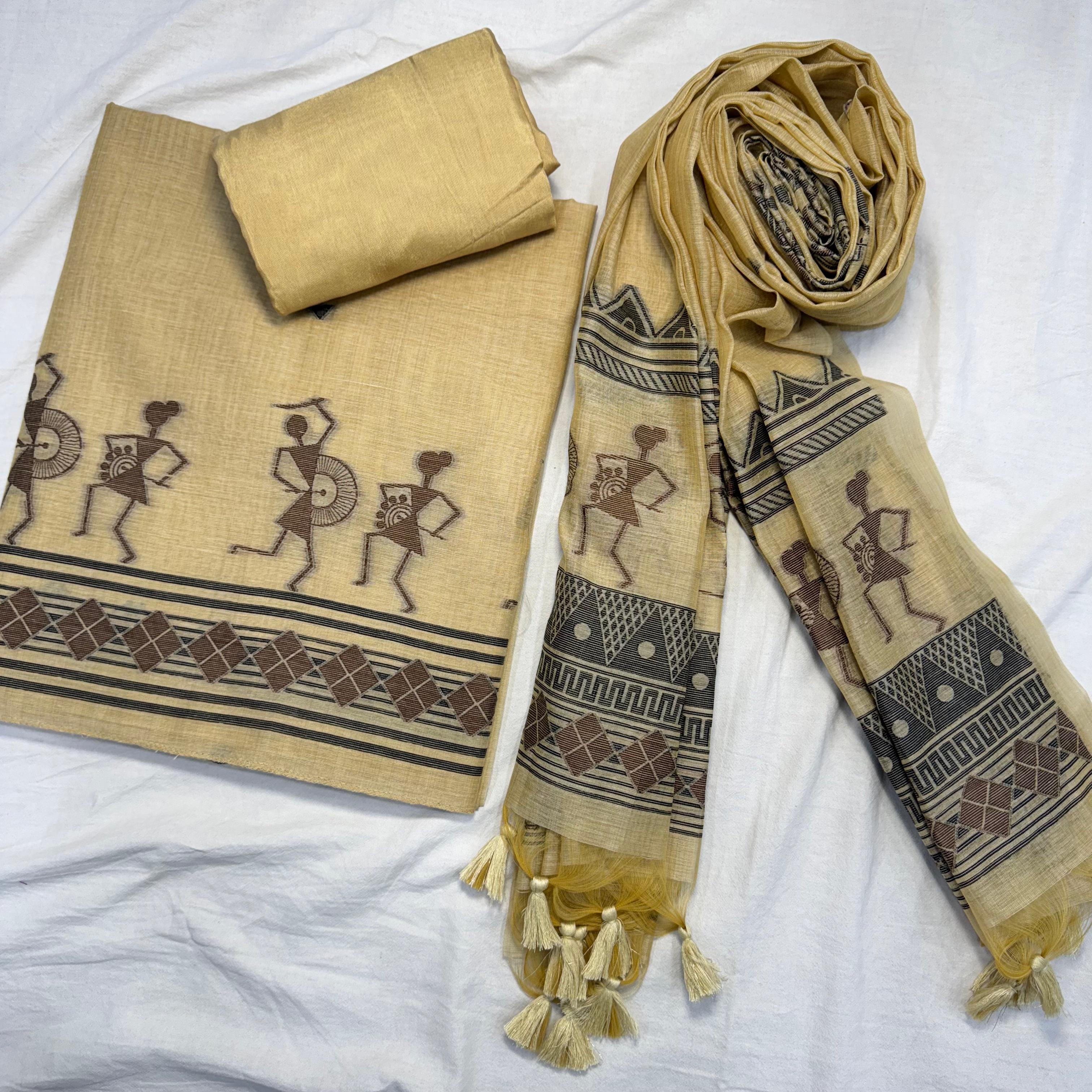 Cream Pure Muga Silk Warli With All Over Butti Weaving Unstitched 3pis Dress Material