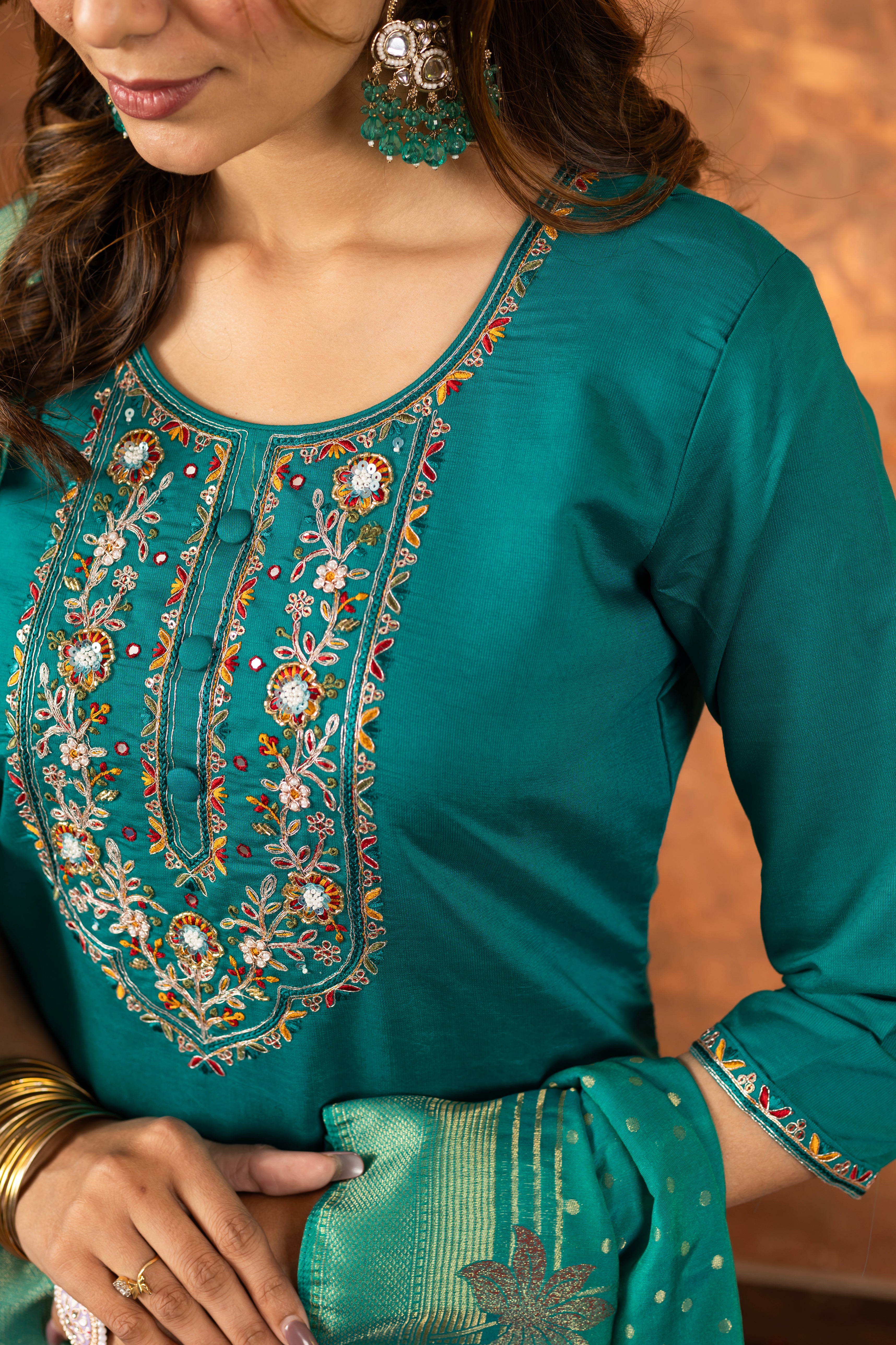 Rama Marina Silk Embroidery Thread With Hand Work Suit Set – Saree rang