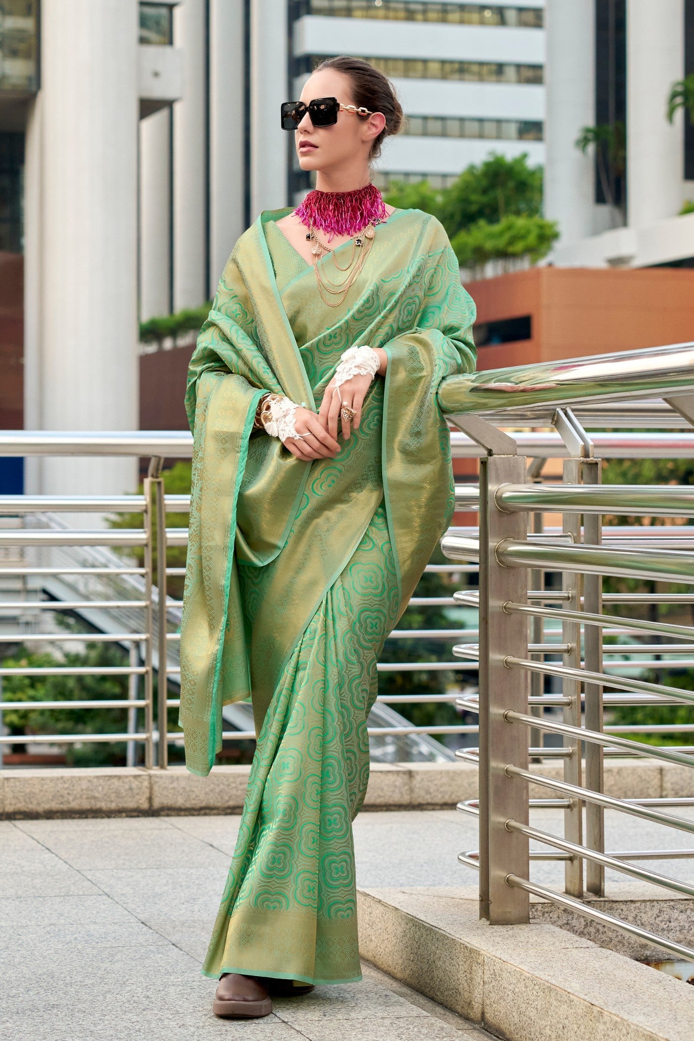Butterscotch Pistachio Kanchivaram Buttery Silk Weaving Saree
