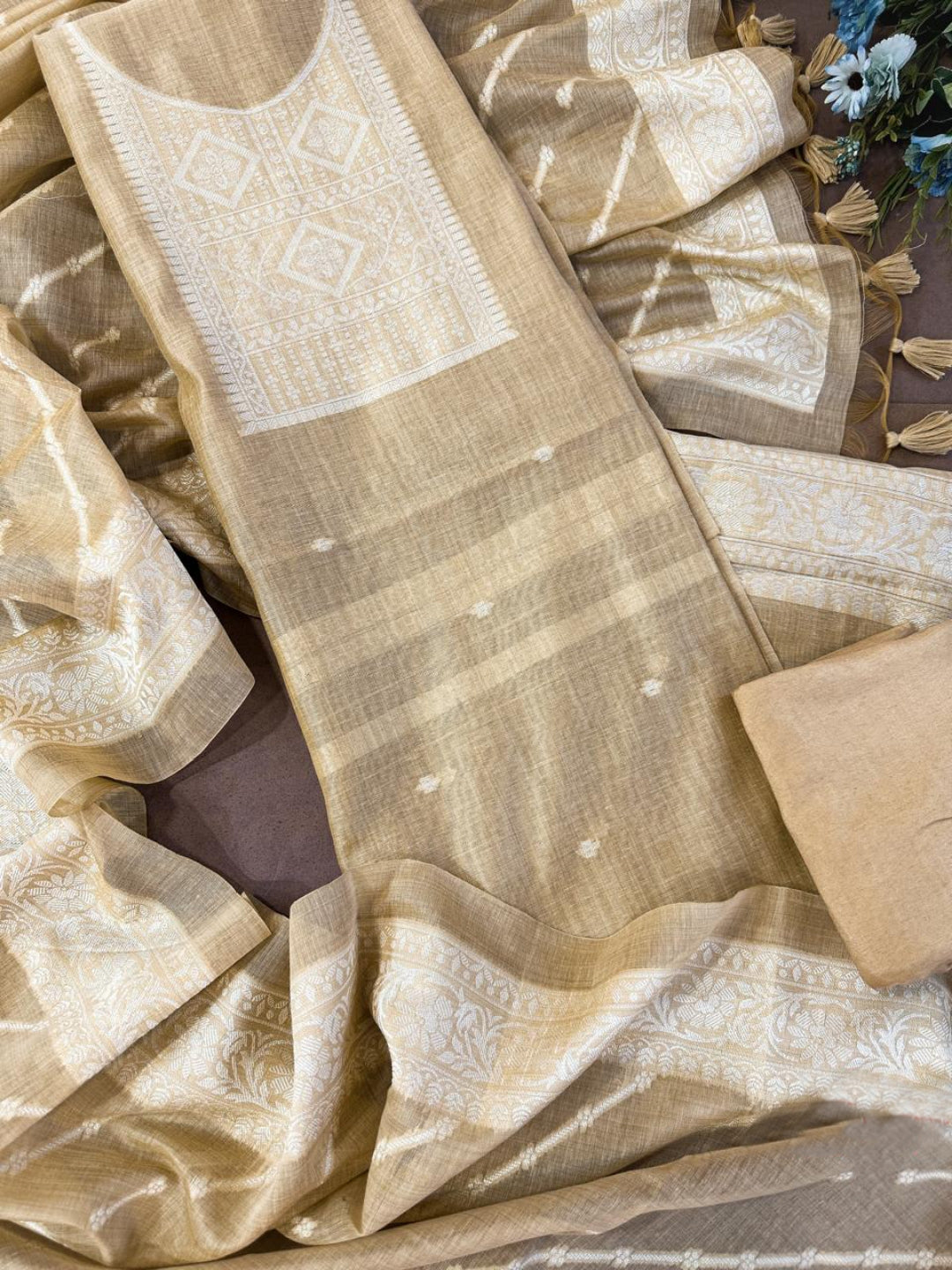 Stone Pure Soft Muga Cotton Weaving Work Unstitched Dress Material