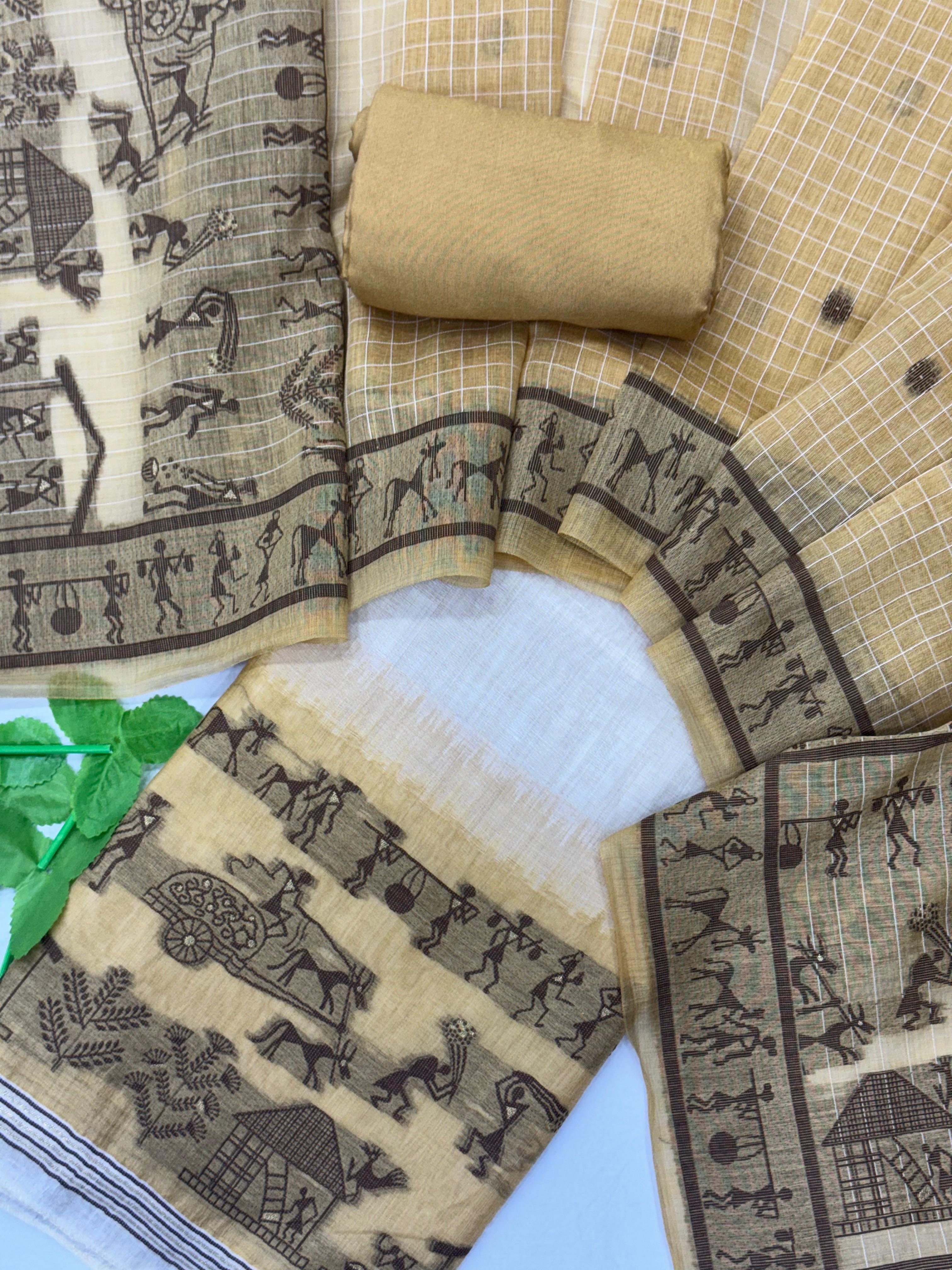 Peach Yellow Pure Muga Silk Warli With All Over Butti Weaving Unstitched 3pis Dress Material