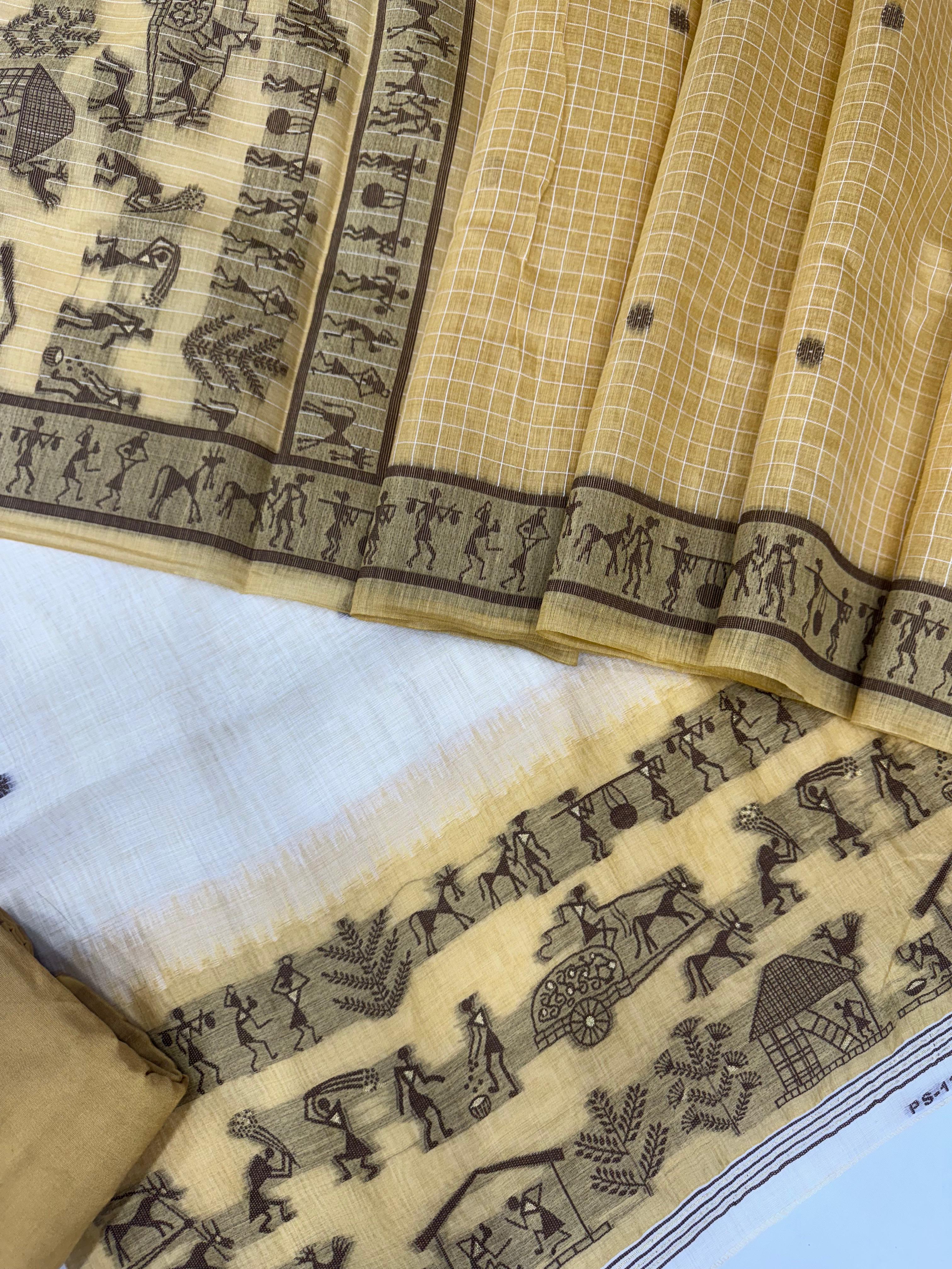 Peach Yellow Pure Muga Silk Warli With All Over Butti Weaving Unstitched 3pis Dress Material