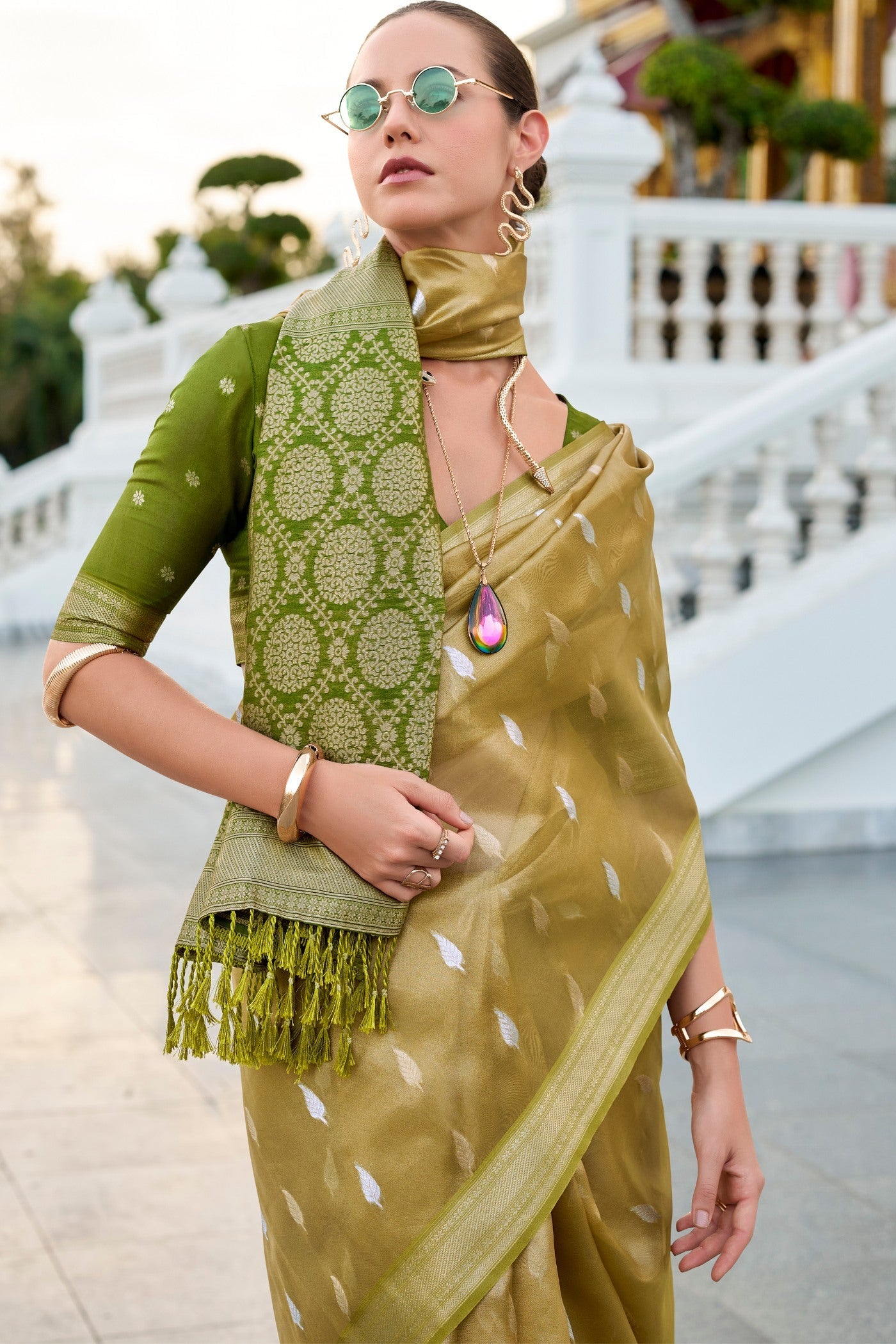 Royal Green Tissues Silk Zari Booti Woven Saree