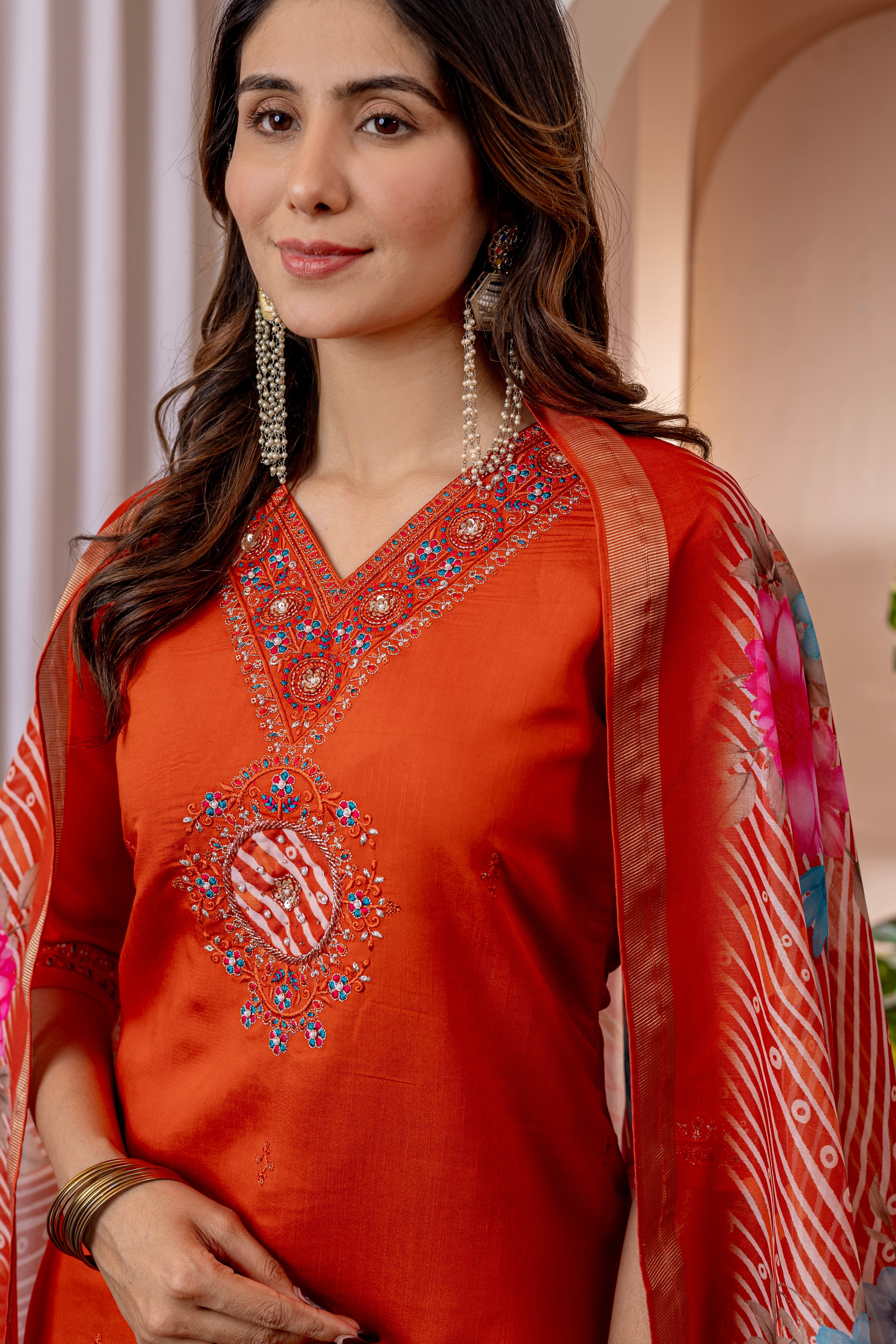 Orange Marina Viscose Silk Embroidery Thread With Hand Work Suit Set ...