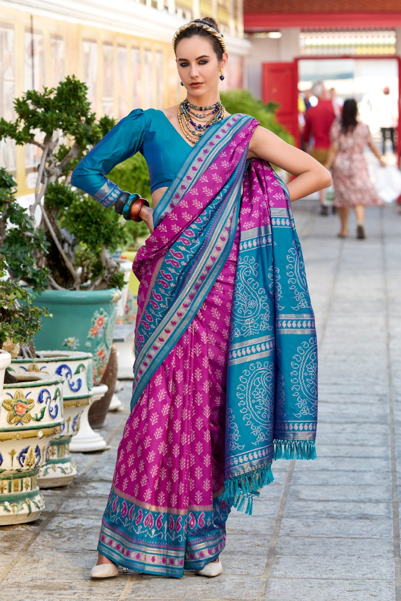 Taj Mahal Wine Soft Banarasi Ikkat Silk Woven Saree