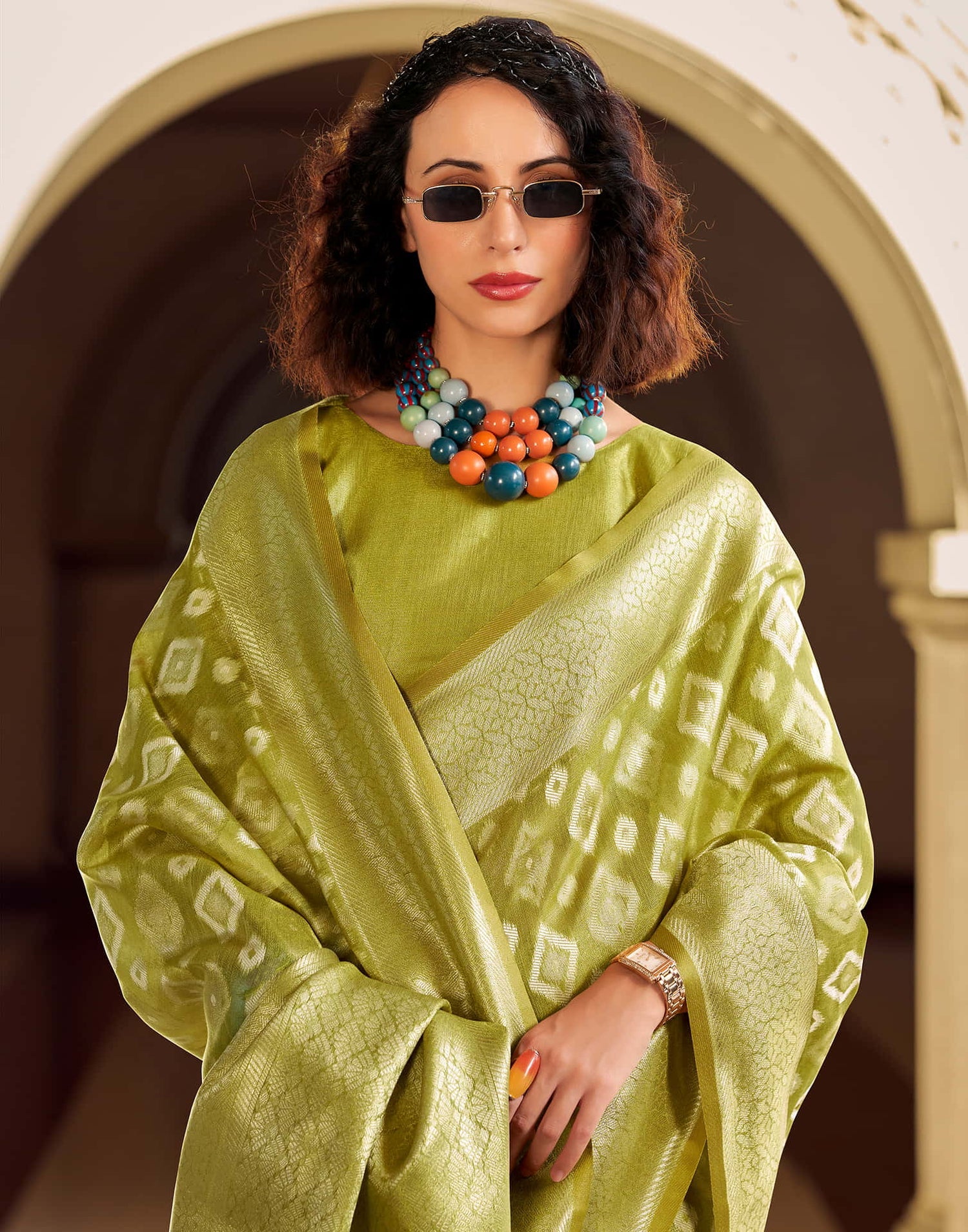 Goldmine Olive Green Tissue Silk Weaving Saree