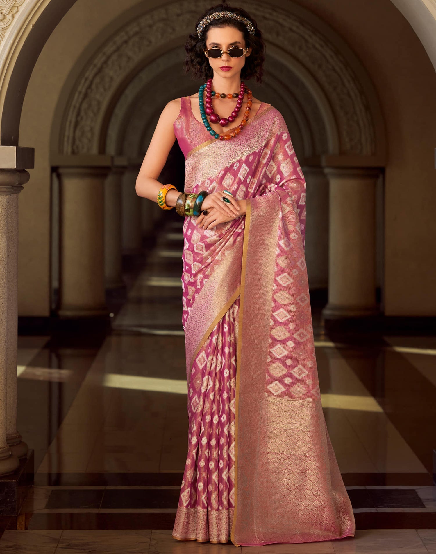 Goldmine Dusty Pink Tissue Silk Weaving Saree