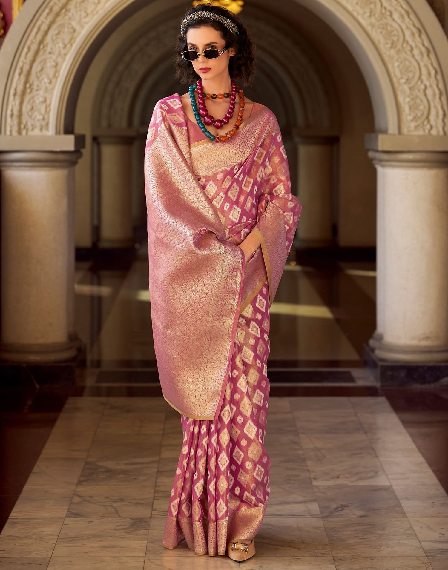 Goldmine Dusty Pink Tissue Silk Weaving Saree