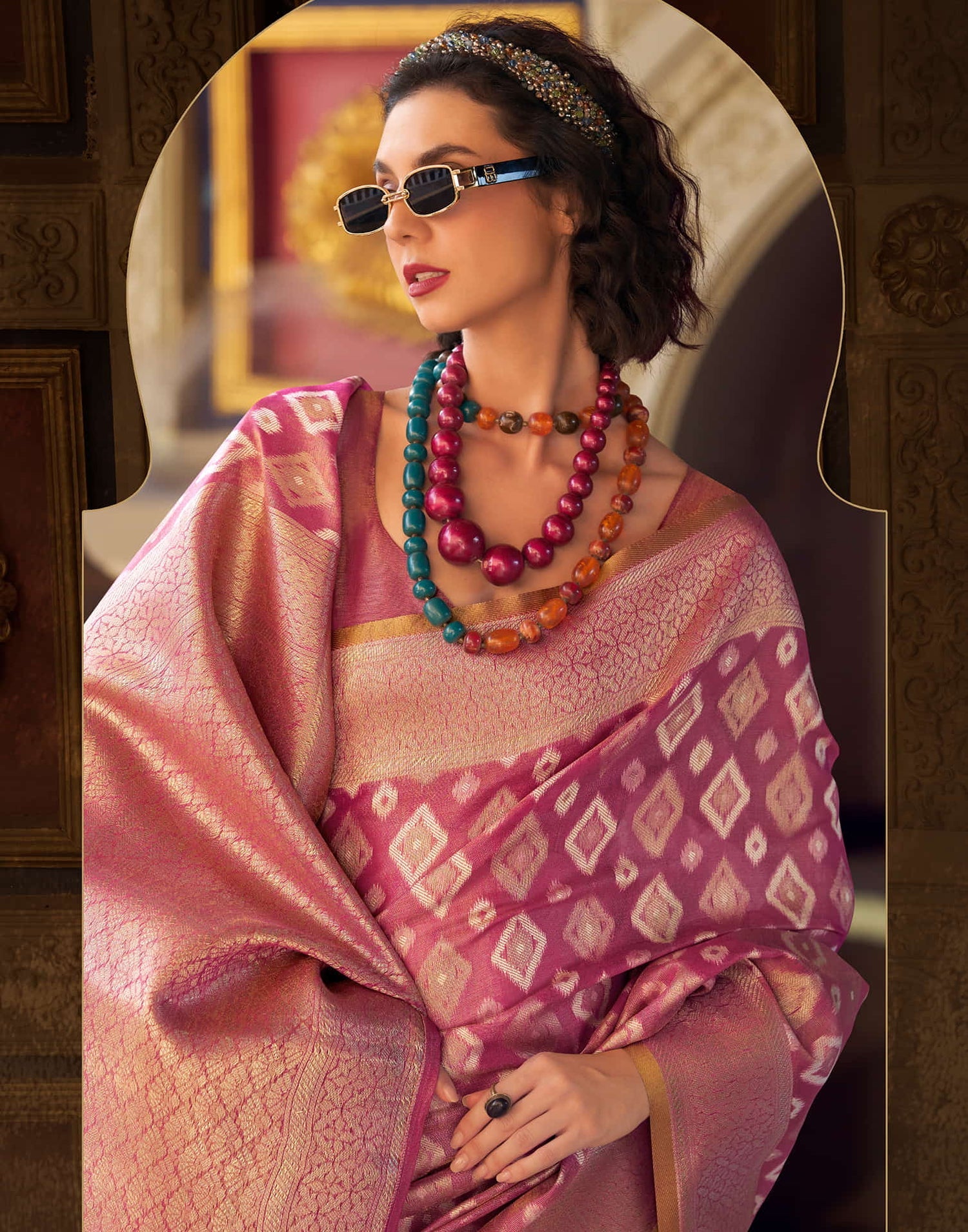 Goldmine Dusty Pink Tissue Silk Weaving Saree