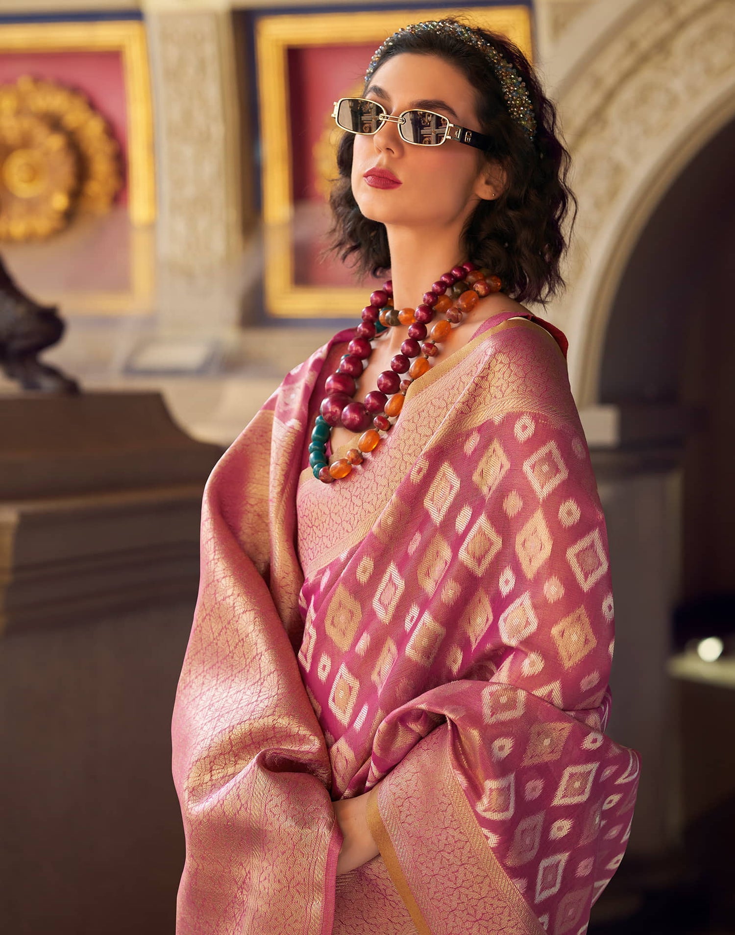 Goldmine Dusty Pink Tissue Silk Weaving Saree