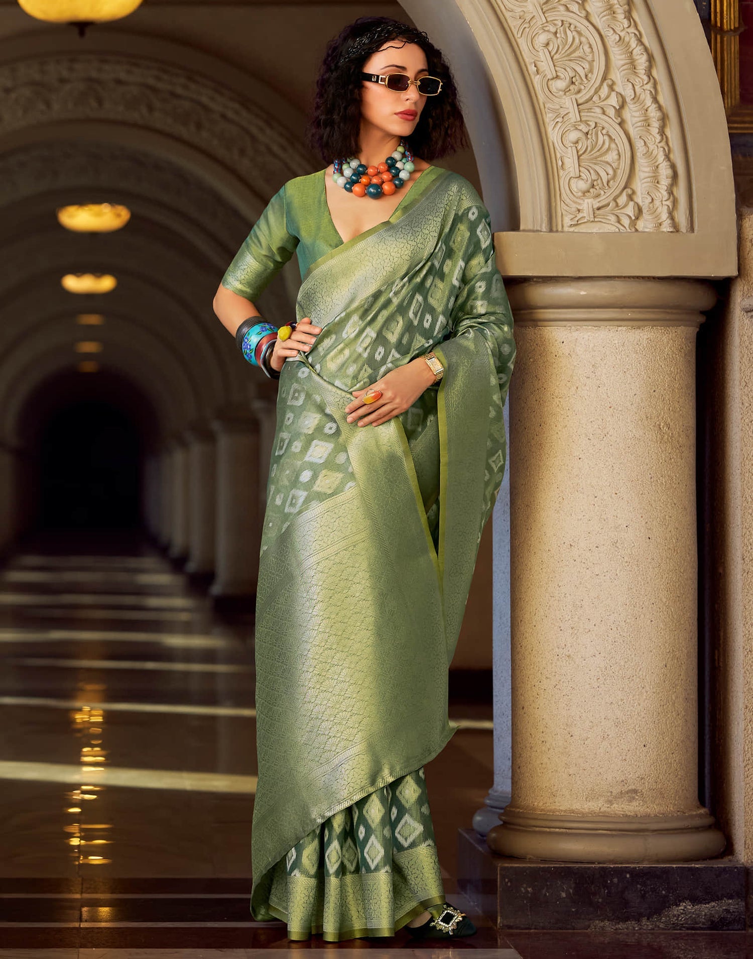 Goldmine Sea Green Tissue Silk Weaving Saree