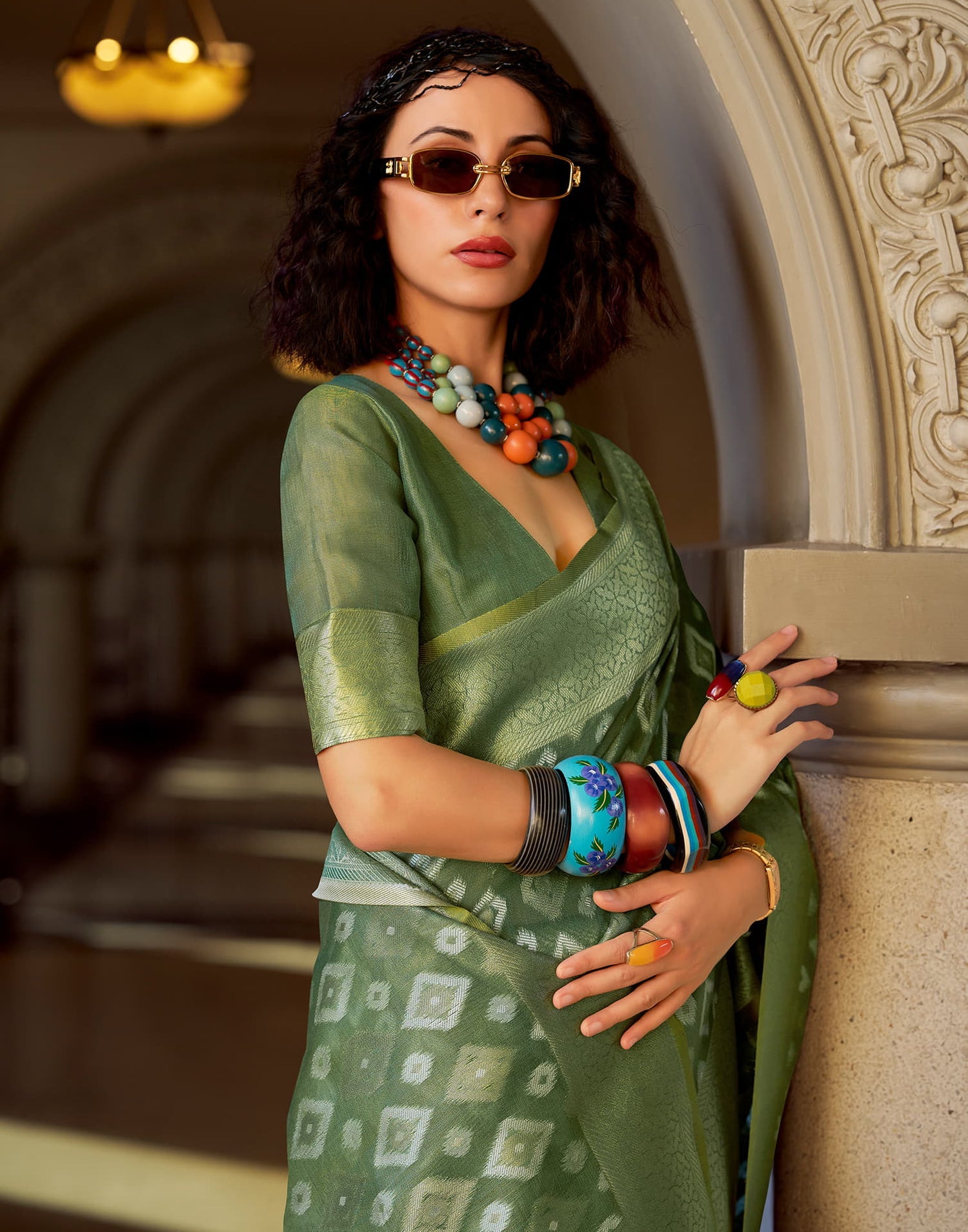 Goldmine Sea Green Tissue Silk Weaving Saree