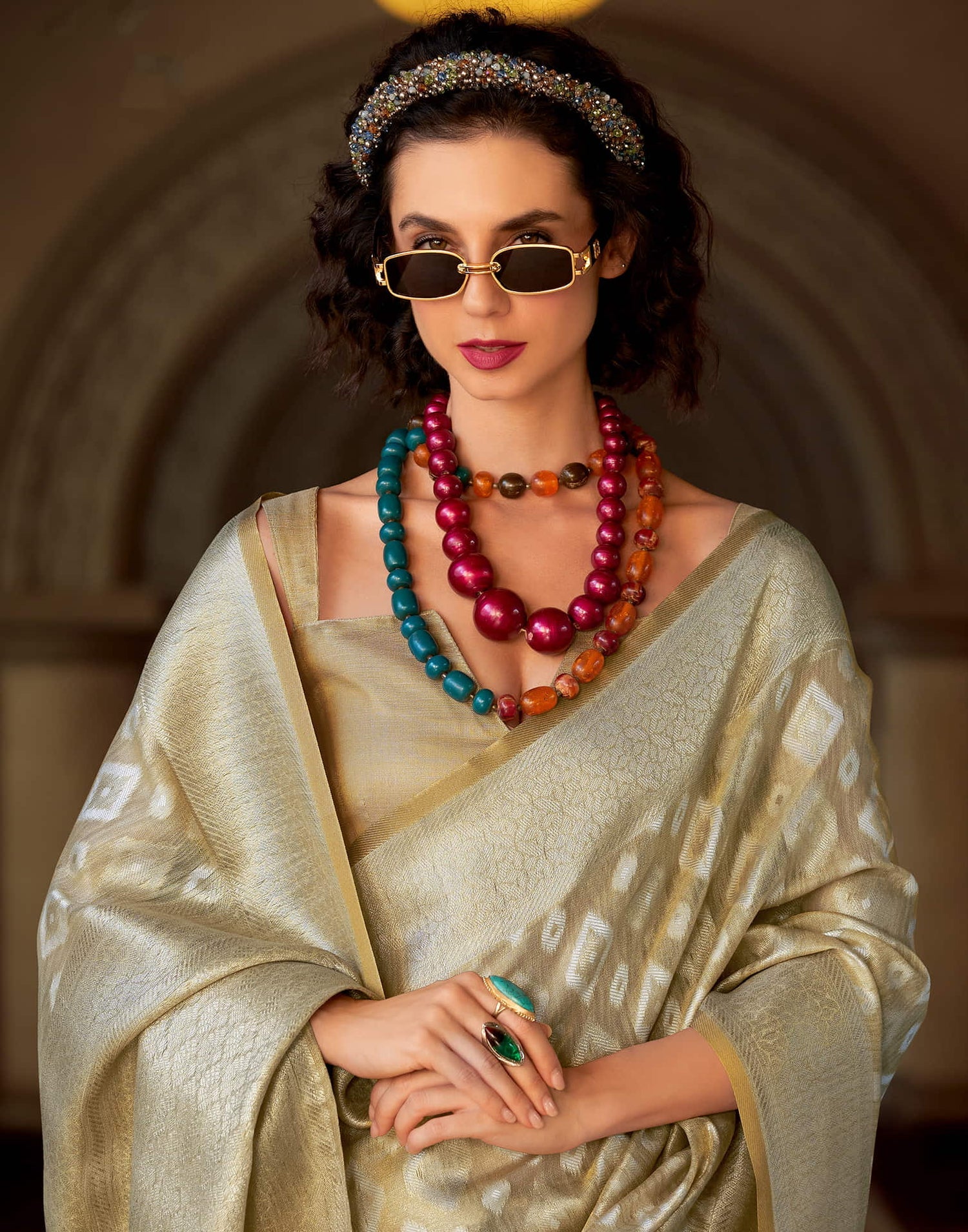 Goldmine Ivory Tissue Silk Weaving Saree