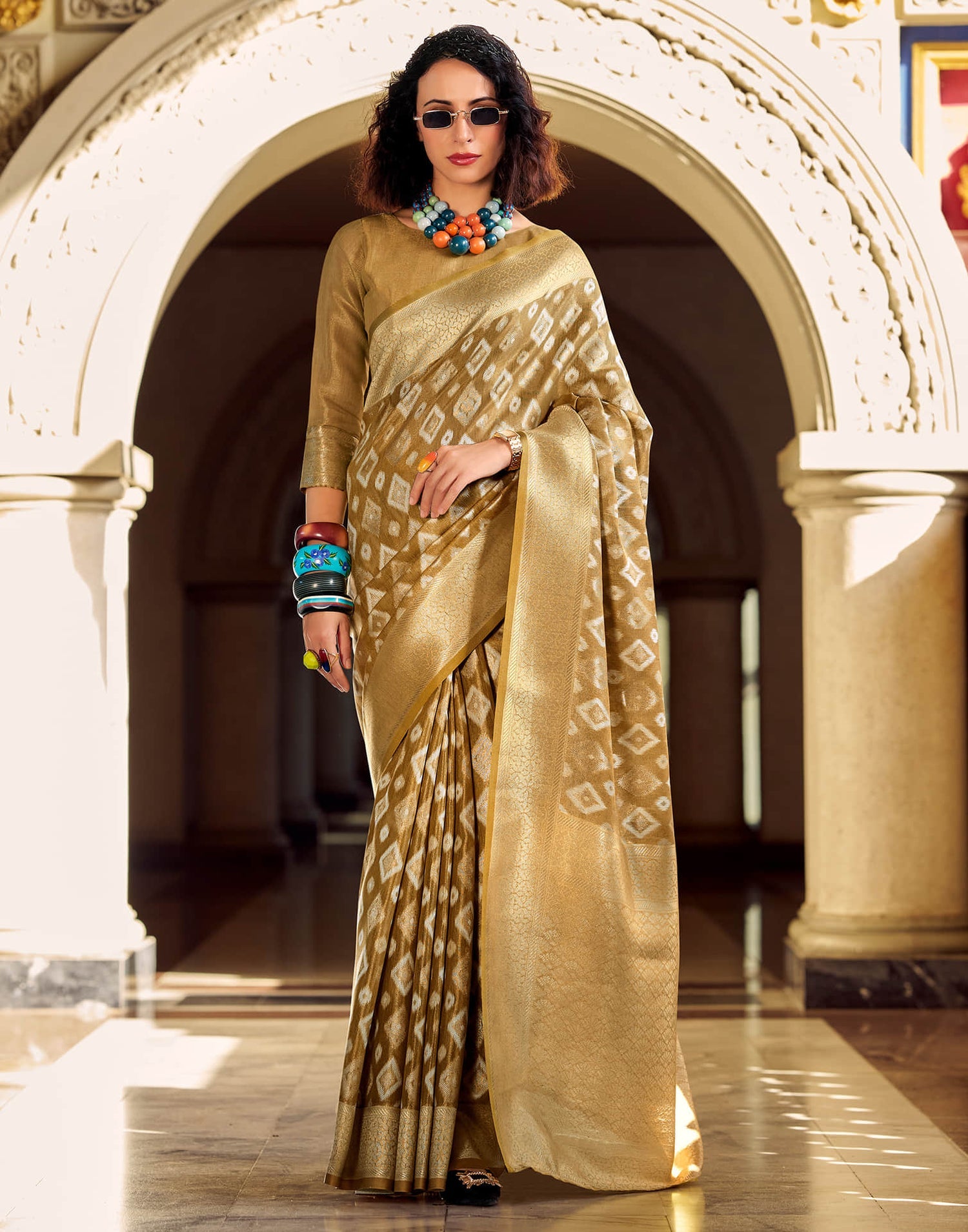 Goldmine Butterscotch Tissue Silk Weaving Saree
