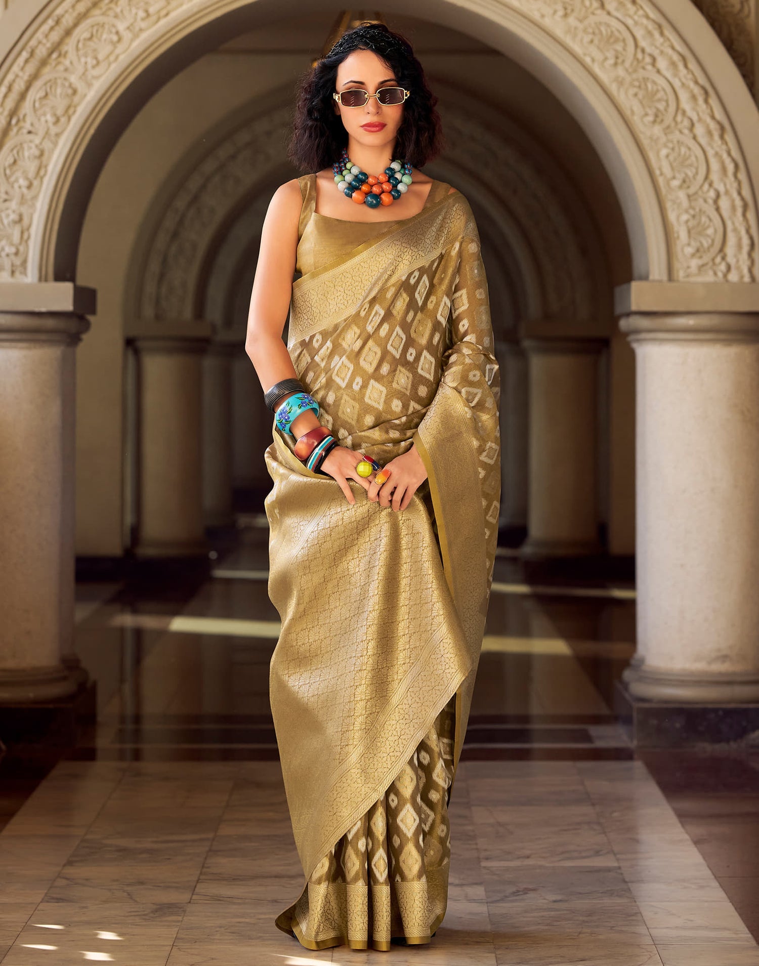 Goldmine Butterscotch Tissue Silk Weaving Saree