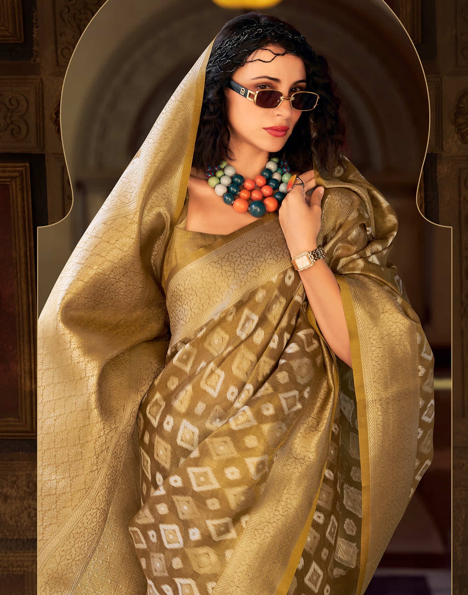 Goldmine Butterscotch Tissue Silk Weaving Saree